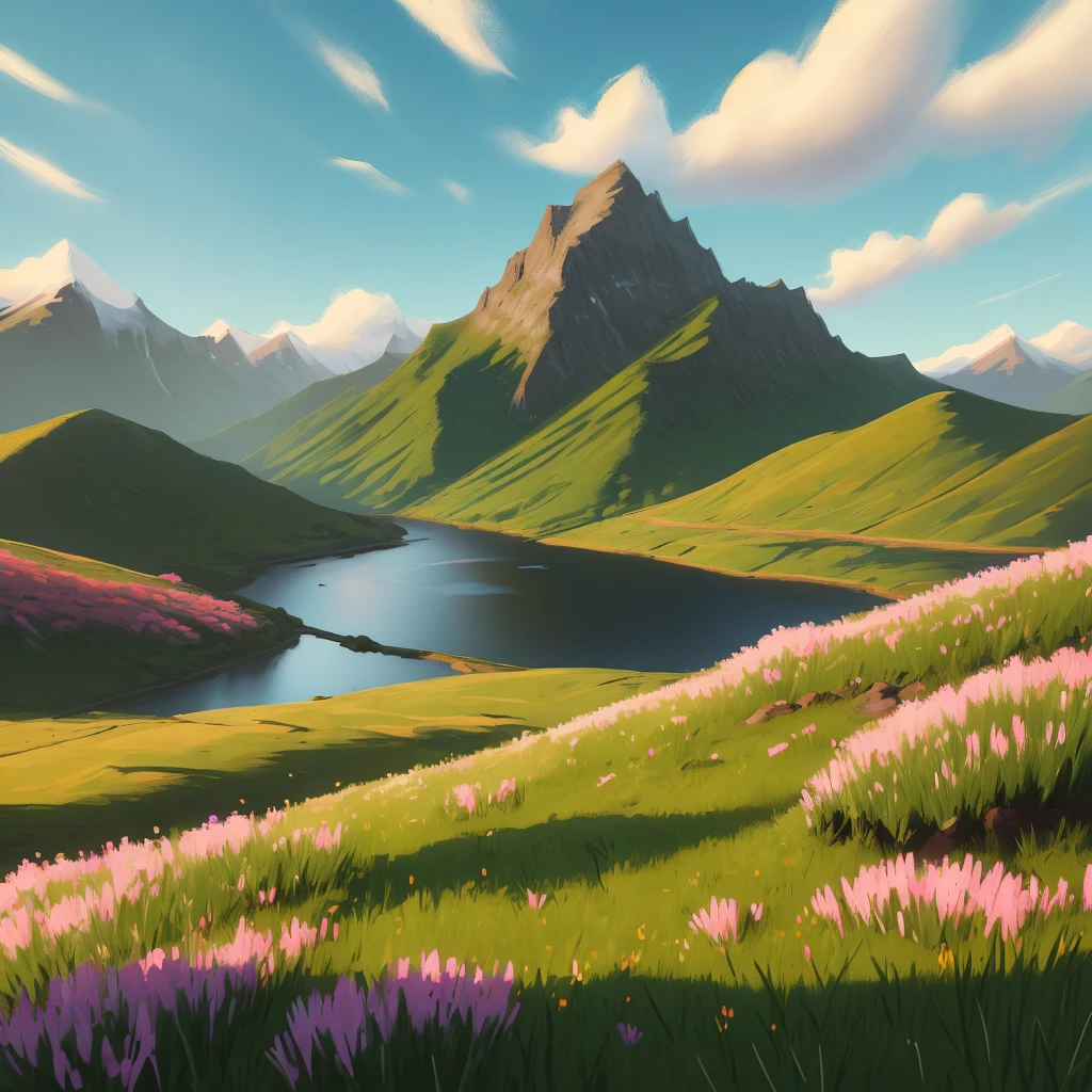 Grassy mountain with river and flowers in the middle, grassy mountain, strong wind, grass swaying with the wind, beautiful scenery rendering, background environment. 8k, Grassy mountain landscape, stylized for 3d render, grassland landscape, detailed landscape - width 672, natural background, flowery mountain background, 3d landscape, 3d landscape, gift box with a bow, turquoise