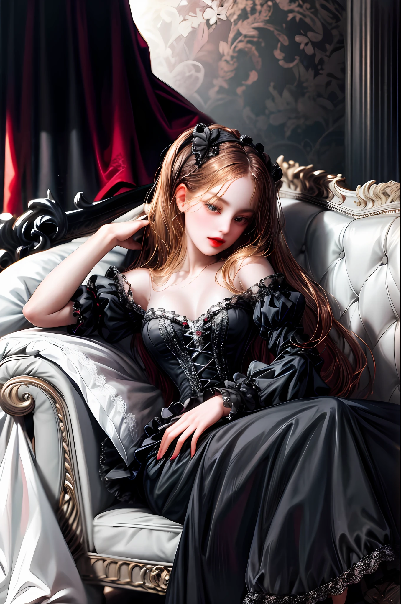 Baroque, gothic lolita, cute, 1girl, solo, full body, black sofa, black dress with white lace,, absurdres, highres, ultra detailed, highest detailed, red lips