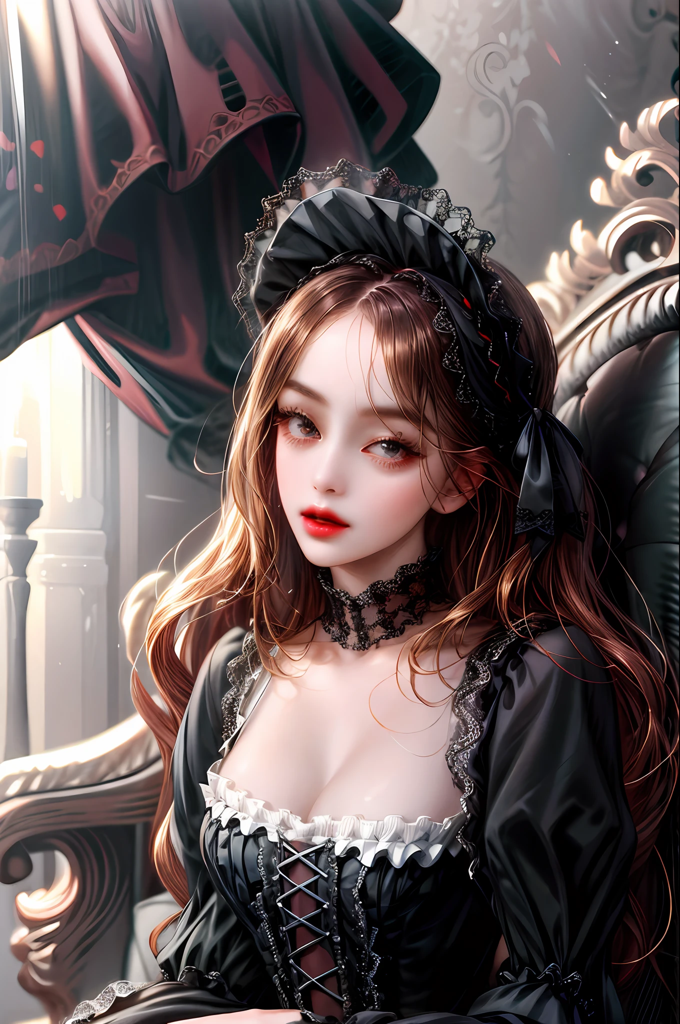 Baroque, gothic lolita, cute, 1girl, solo, full body, black sofa, black dress with white lace,, absurdres, highres, ultra detailed, highest detailed, red lips