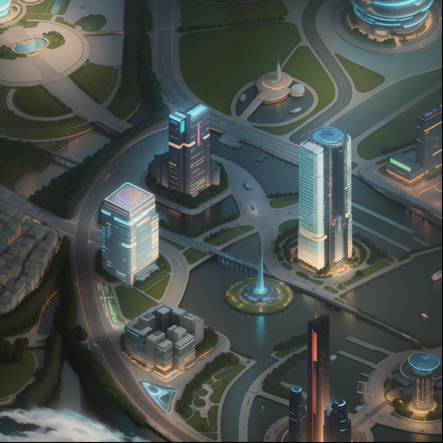 City skyline view with lake and park, illustration by Cha Shibiao, shutterstock, Art Nouveau, Shenzhen, Shenzhen, Shenzhen. Guangjian, an ultra-wide view of the urban landscape, a sci-fi building that breaks through imagination, and a combination of architecture and lighting. Beautiful city of the future, beautiful cityscape, tech city background, Hou porcelain, with a city in the background. Inspired by Makoto Shinkai&#39;s popular concept art and masterpieces on pixiv, vision (wide angle lens), super high resolution (fidelity: 1.4), super high quality, extremely detailed CG Unity 8k wallpapers, aesthetics, award winning photography, real High Detail, Detail Enhancement, Blur Removal, Intricacy, Traveling Art. Visually stunning. Beautiful future city, beautiful city, dream land of Chinese people, pexels, blue hour photography, Chinese dreamland, spectacular clouds, fantasy clouds. street, city, road,