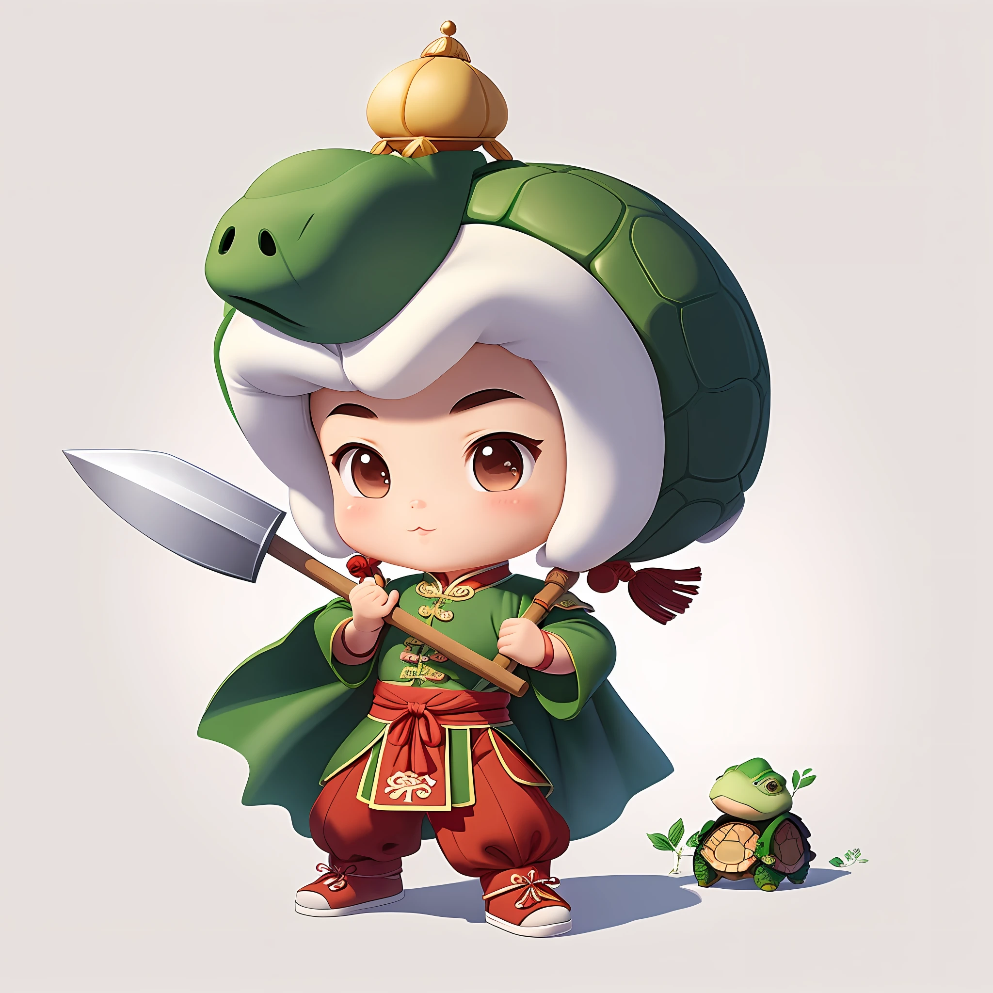 Cartoon character IP, wearing Chinese Ming Dynasty costumes, holding a shovel, a turtle boy, pure white background