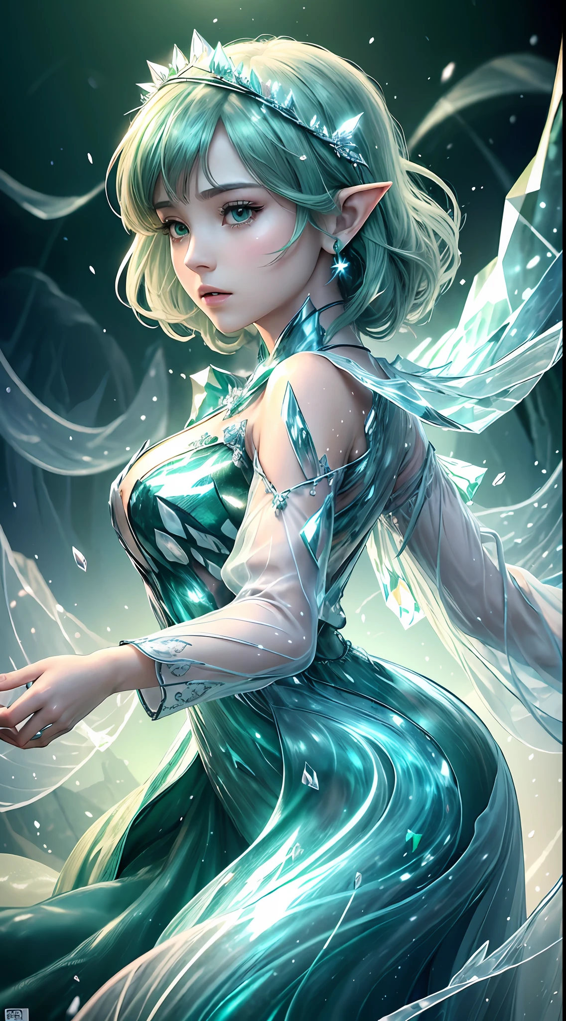 (Masterpiece, Top Quality, Best, Official Art, Beautiful and Aesthetic, Long Exposure: 1.2), Smooth Movement, Charming Patterns, 1 Girl, (Long Dress with Sleeves: 1.3), (((Green Clothes) )), upper body close-up, bare shoulders, Chinese girl, blush, black lob hair, portrait, solo, upper body, looking at the observer, detailed background, detailed face, (crystallineAI, crystalline theme:1.1), elemental wood elf, rotation foliage, control foliage, emerald clothing, dynamic pose, floating particles, ethereal dynamics, foliage, vapor, forest in the background, green tint, forest, ethereal atmosphere,