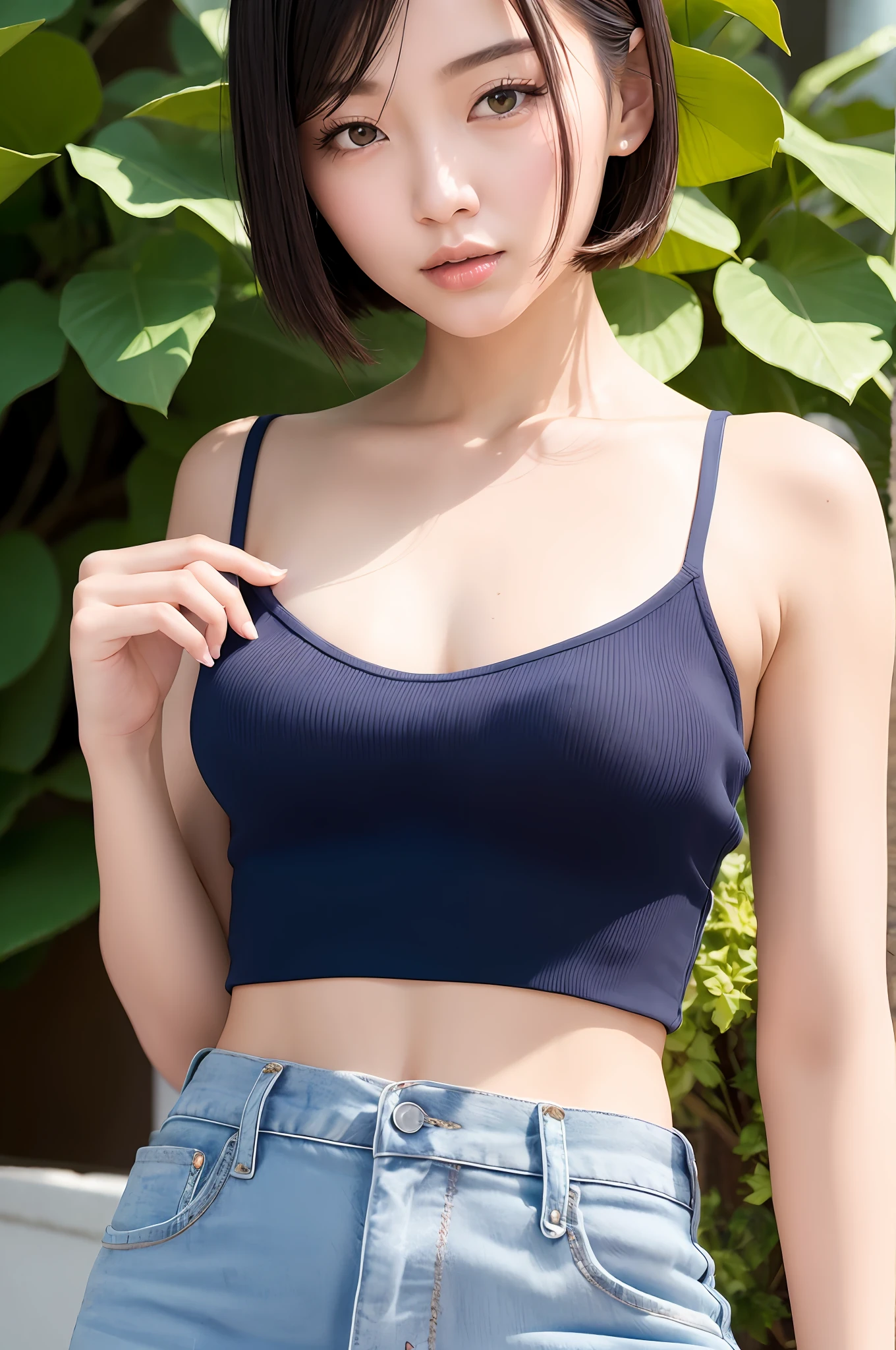 Gentle and charming Chinese beautiful woman, half-length photo, delicate and sexy collarbone, charming oval face, double eyelids, vivid peach blossom eyes, pink lips, small nose, bare shoulders, focused face, face close-up, ultra-high-definition, Super-detailed and standing gracefully, this navy ribbed cotton-blend halterneck crop top is cut from a ribbed cotton-blend for a close fit and worn with high-rise jeans.