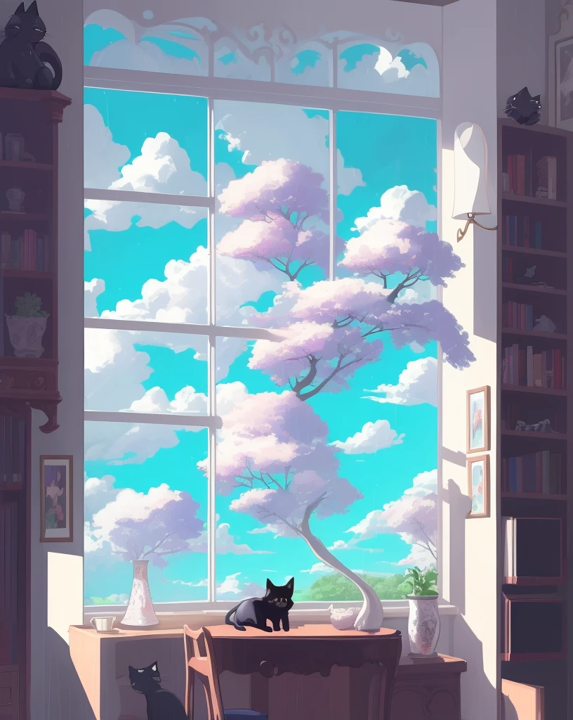 black cat facing window, rainy day, melancholy mood, lamp lit, dark, shadows