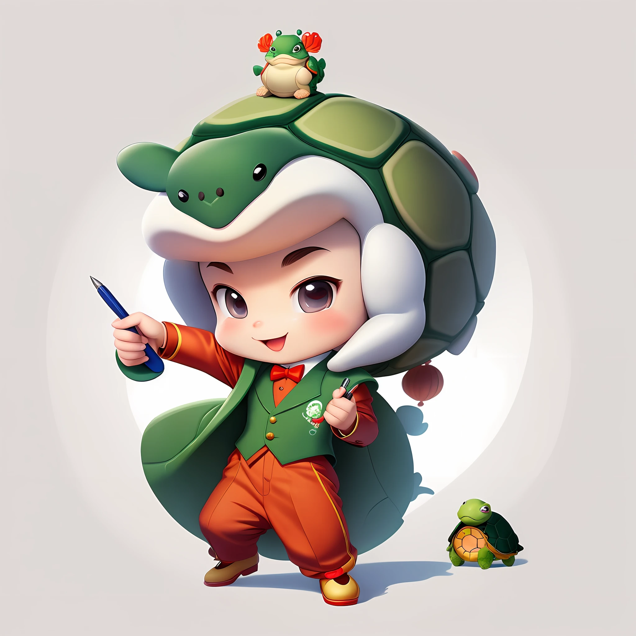 Cartoon character IP, wearing a Chinese suit, holding a pen, a turtle boy, a pure white background