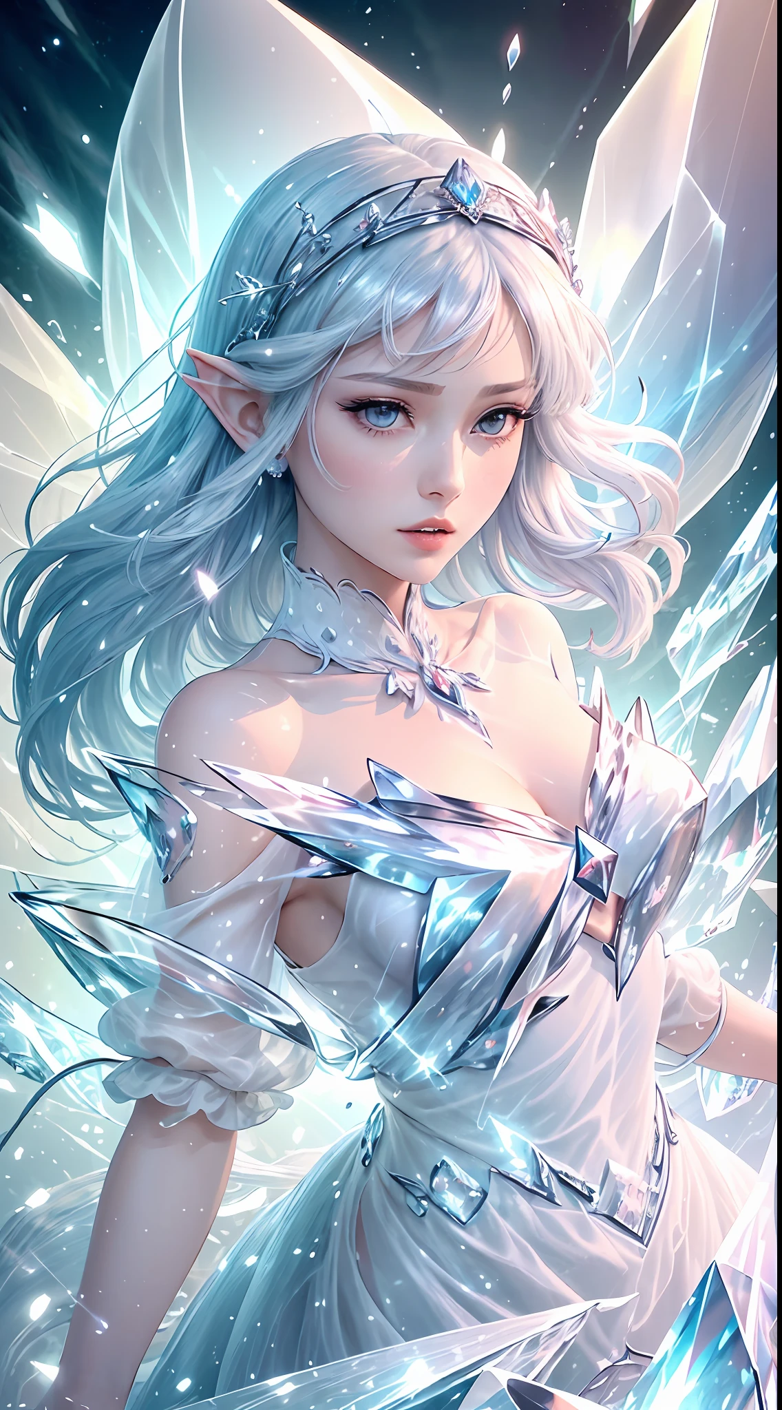 (Masterpiece, Top Quality, Best, Official Art, Beautiful and Aesthetic, Long Exposure: 1.2), Smooth Movement, Charming Patterns, 1 Girl, (Long Dress with Sleeves: 1.3), (((White Clothes) )), upper body close-up, bare shoulders, Chinese girl, blush, black lob hair, portrait, solo, upper body, looking at the observer, detailed background, detailed face, (crystallineAI, crystalline theme:1.1), elemental wind elves, rotation Wind, control the wind, white crystal clothing, dynamic pose, floating particles, ethereal dynamics, whirlwind, vapor, whirlwind in the background, white tone, whirlwind, ethereal atmosphere,