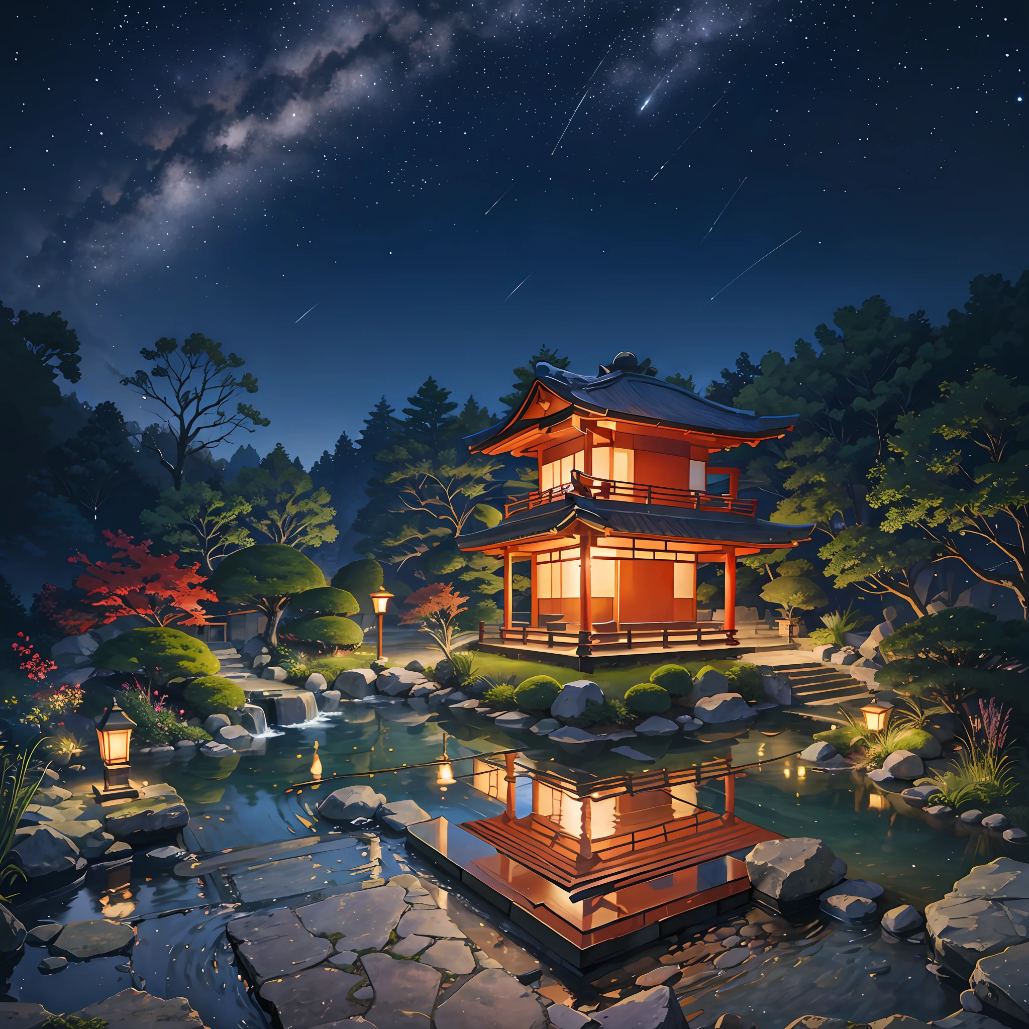 Japanese garden, small bridge and flowing water, night starry sky, extreme detail, realistic light, epic composition, (complex detail), (complex design, ultra-detail: 1.2), art station, (masterpiece, best quality) , UHD, 32k --v 6