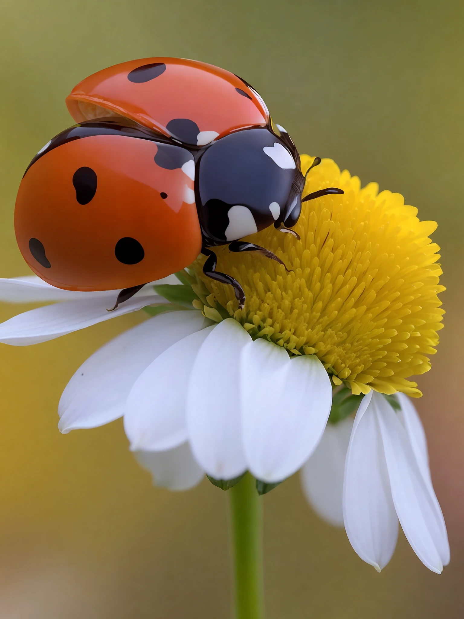 Seven-spotted ladybug on a flower with yellow pistils and white petals, macro view, detailed illustration, realistic