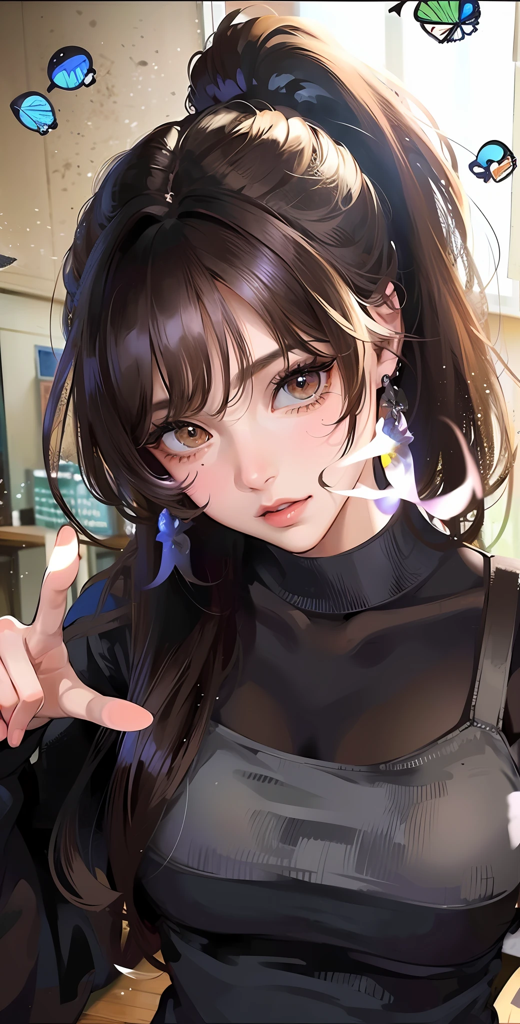 (masterpiece:1.2, best quality), (finely detailed beautiful eyes: 1.2), ((1girl)), mature, ((solo)), (brown eyes:1.4), (finely detailed eyes and detailed face:1.3), (long brown hair, ponytail), (beautiful and clear background:1.2), (extremely detailed CG, ultra-detailed, best shadow:1.1), ((depth of field)), ((watercolor)), beautiful concept illustration, (black background:0.5), (illustration:1.1), (extremely fine and beautiful:1.1), (perfect details:1.1), from side, cowboy shot, classroom scene, stare