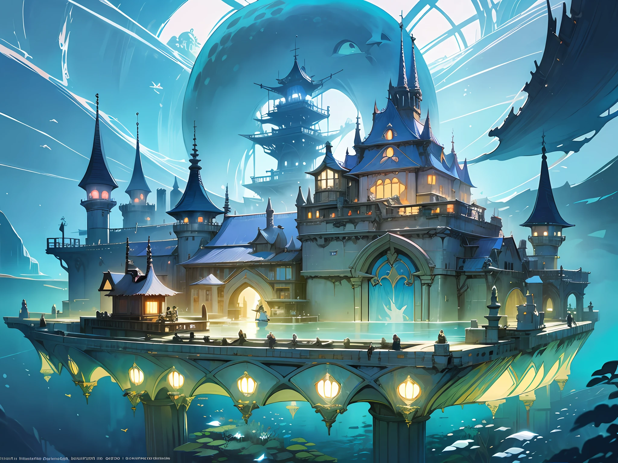 Color (Fantasy: 1.2), (Hayao Miyazaki style), (irregular building floating in the sea), patchwork cottages, flower decorations, lights, concept art inspired by Andreas Rocha, Artstation contest winner, Fantasy art, (underwater city), ross tran, light shafts, realistic lighting, masterpiece, high quality, beautiful graphics, high detail, masterpiece, high quality, beautiful graphics, high detail, --v6