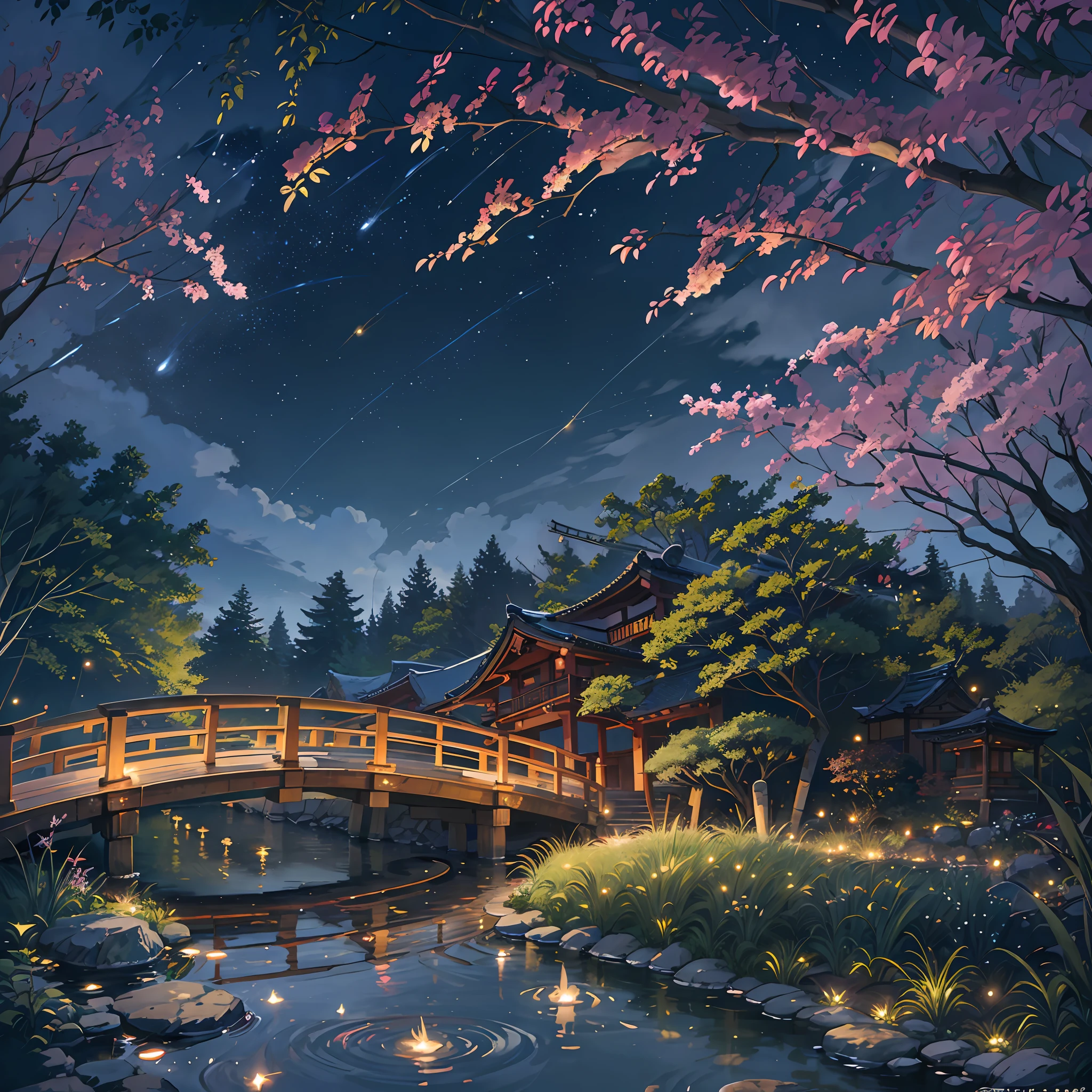 Japanese garden, small bridge and flowing water, night starry sky, summer night sky, fireflies, bamboo forest, extreme details, realistic light, epic composition, (complex details), (complex design, ultra-detail: 1.2), art station, (Masterpiece, Best Quality), Ultra HD, 32k --v 6