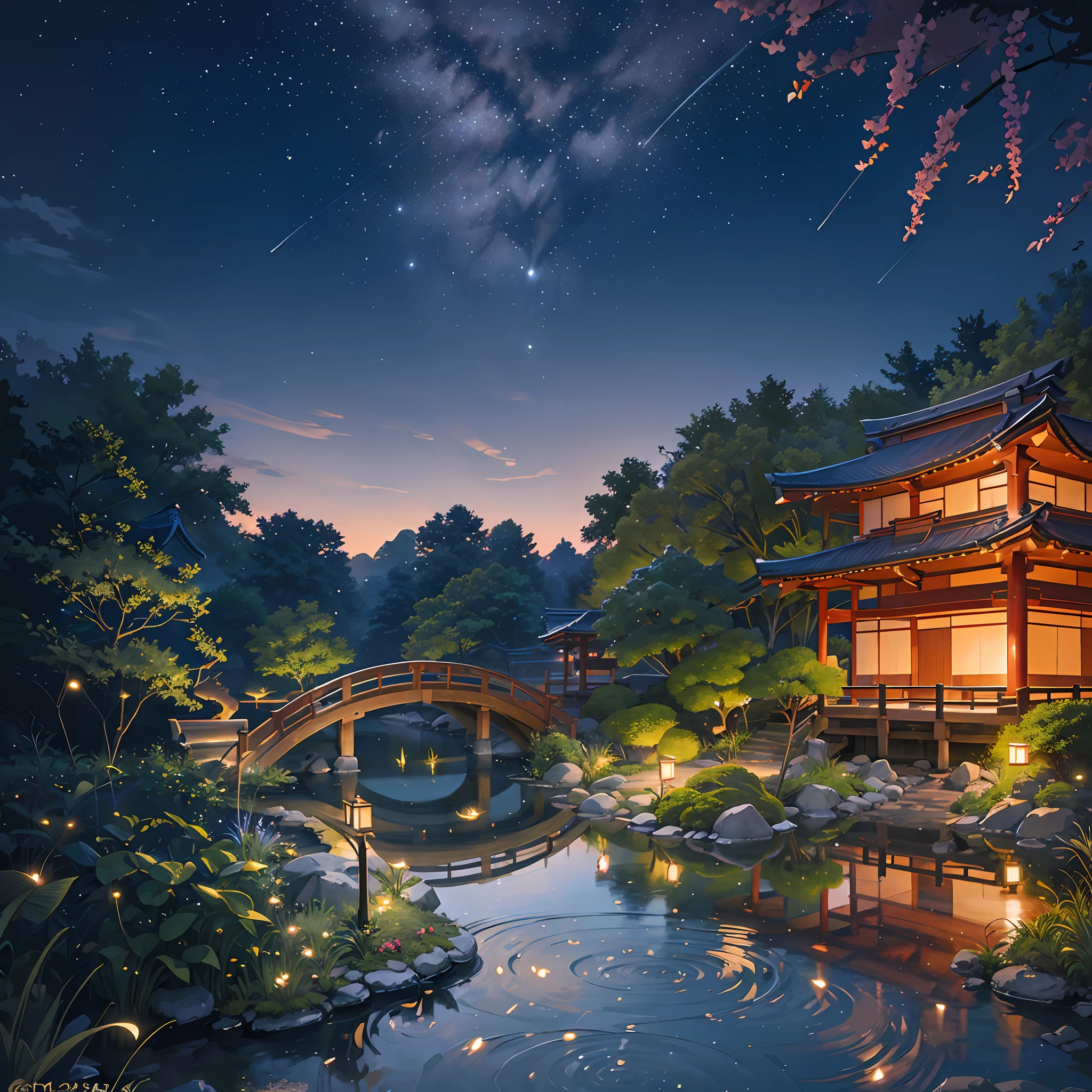 Japanese garden, small bridge and flowing water, night starry sky, summer night sky, fireflies, bamboo forest, extreme details, realistic light, epic composition, (complex details), (complex design, ultra-detail: 1.2), art station, (Masterpiece, Best Quality), Ultra HD, 32k --v 6