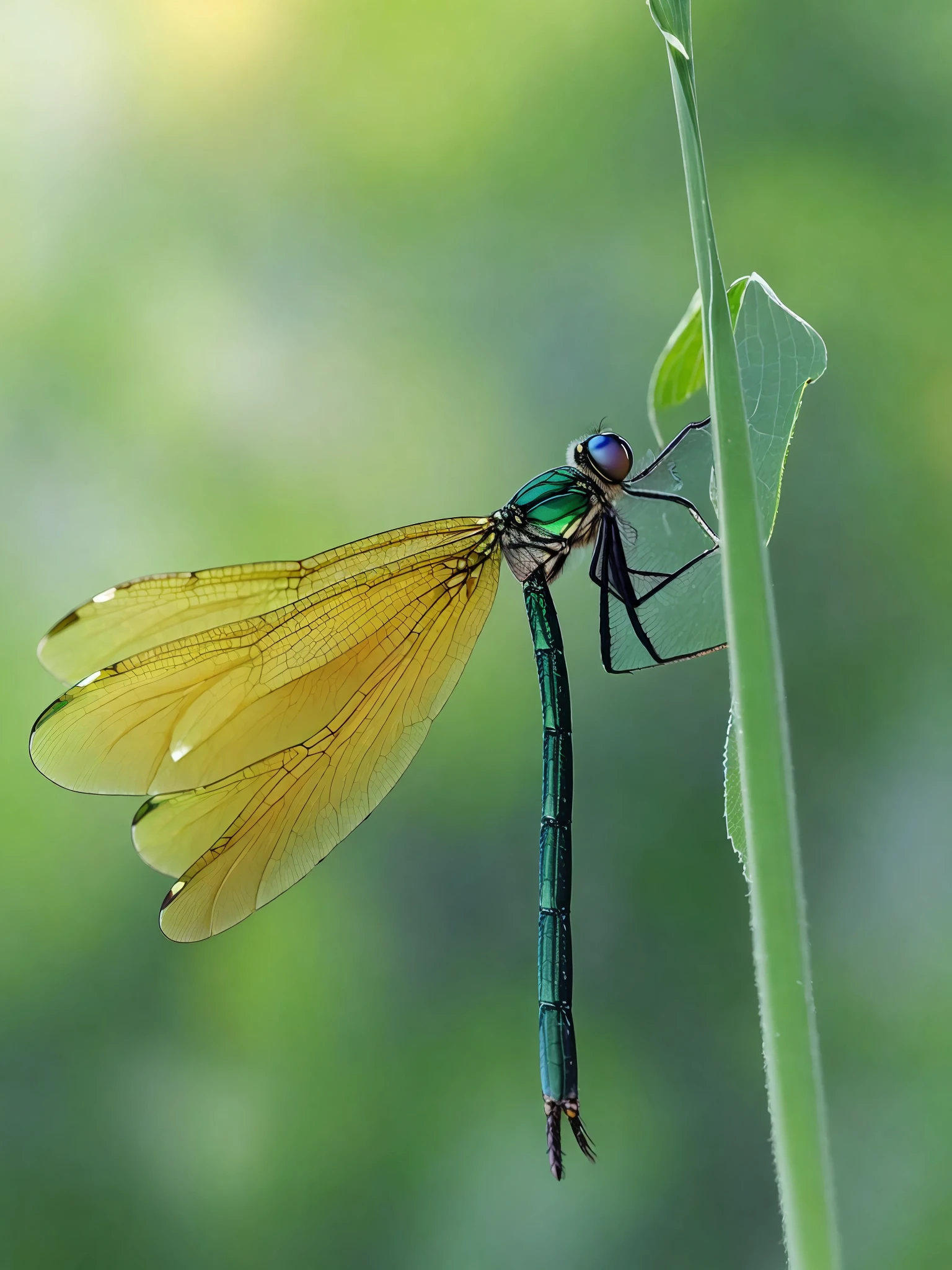 A green dragonfly, laser gradient, yellow wings, standing on a blade of grass, green grass tip, macro perspective, detailed illustration, real