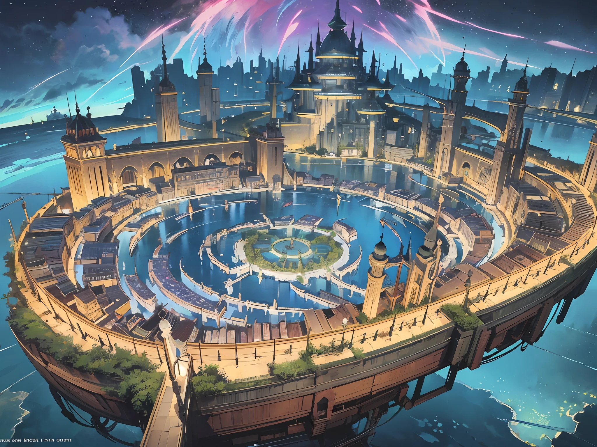 Color (Fantasy: 1.2), (Hayao Miyazaki style), sky city, (irregular building floating in the air), patchwork houses, flower decorations, lights, concept art inspired by Andreas Rocha, Artstation contest winner, fantasy art, ross tran, light shafts, realistic lighting, masterpiece, high quality, beautiful graphics, high detail, masterpiece, high quality, beautiful graphics, high detail, --v6