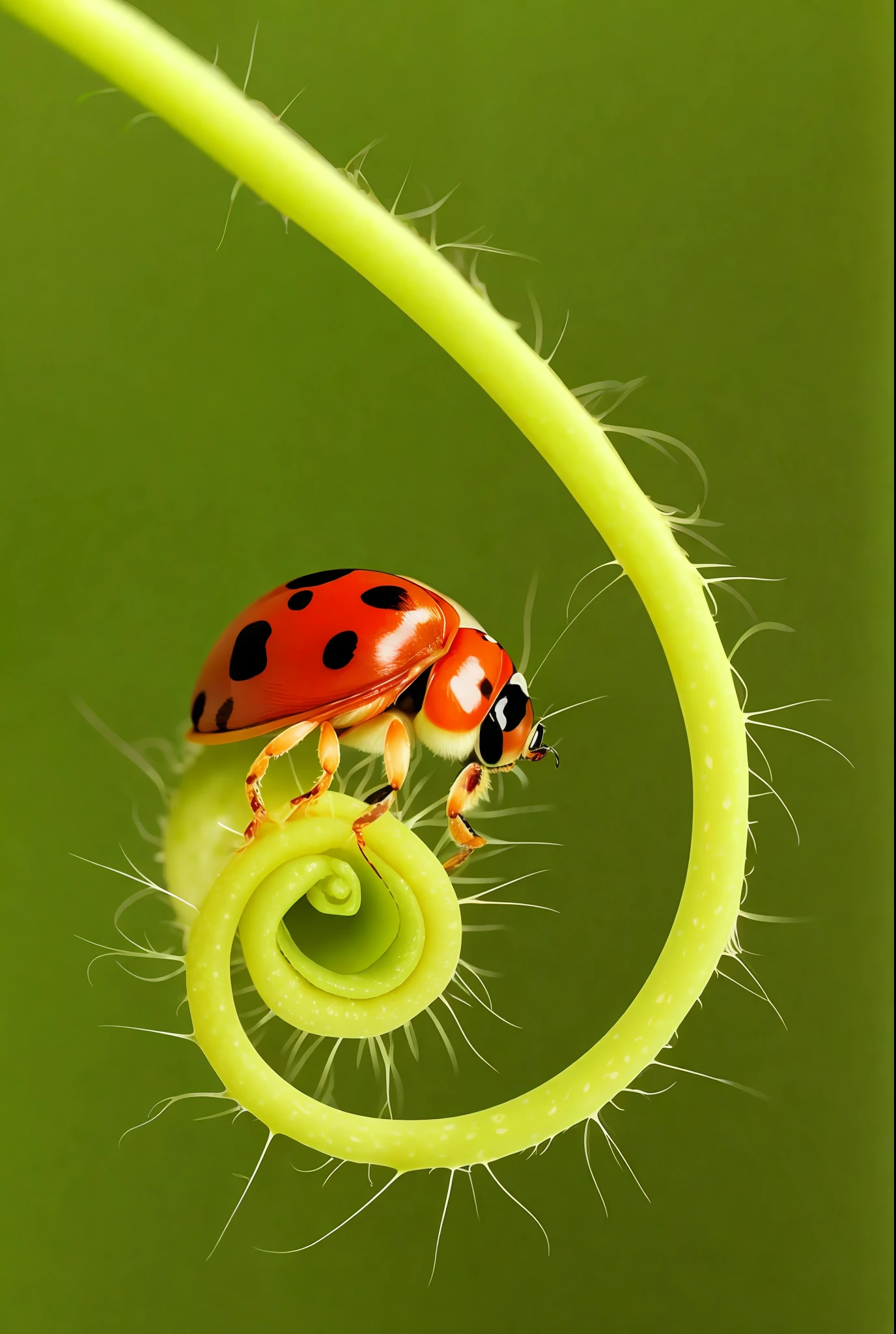 Seven-spotted ladybug on a curly shoot, macro view, detailed illustration, real