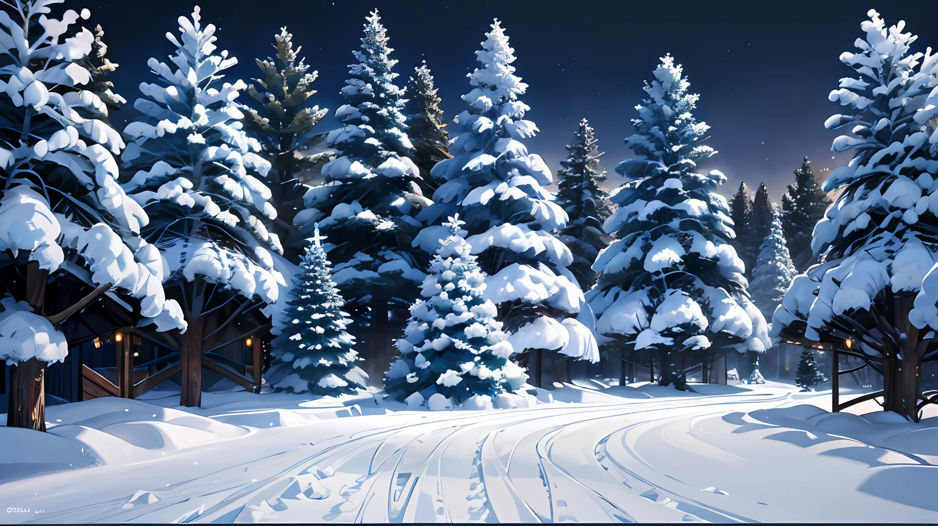 Coniferous forest at night covered with thick snow, Christmas Eve, brightly lit city in the distance, Santa Claus driving through the air in a deer cart in the distance, cinematic, magical plant growth, extreme details, realistic light, epic General Composition, (Complicated Detail), (Complicated Design, Ultra Detail: 1.2), Art Station, (Masterpiece, Best Quality), Ultra HD, 32k --v 6