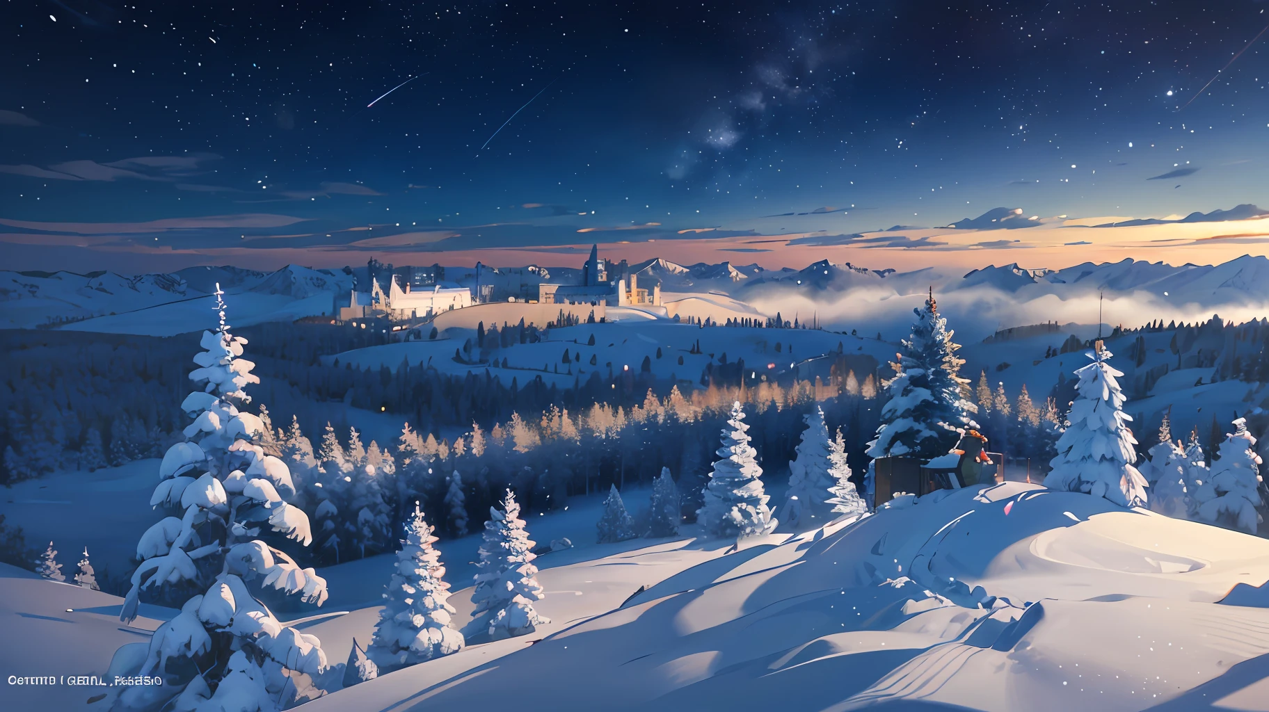 Coniferous forest at night covered with thick snow, Christmas Eve, brightly lit city in the distance, Santa Claus driving in the air in a deer cart in the distance, aerial perspective, wide angle, cinematic, magical plant growth, extreme detail , Realistic Light, Epic Composition, (Intricate Details), (Intricate Design, Ultra Detail: 1.2), Art Station, (Masterpiece, Best Quality), Ultra HD, 32k --v 6