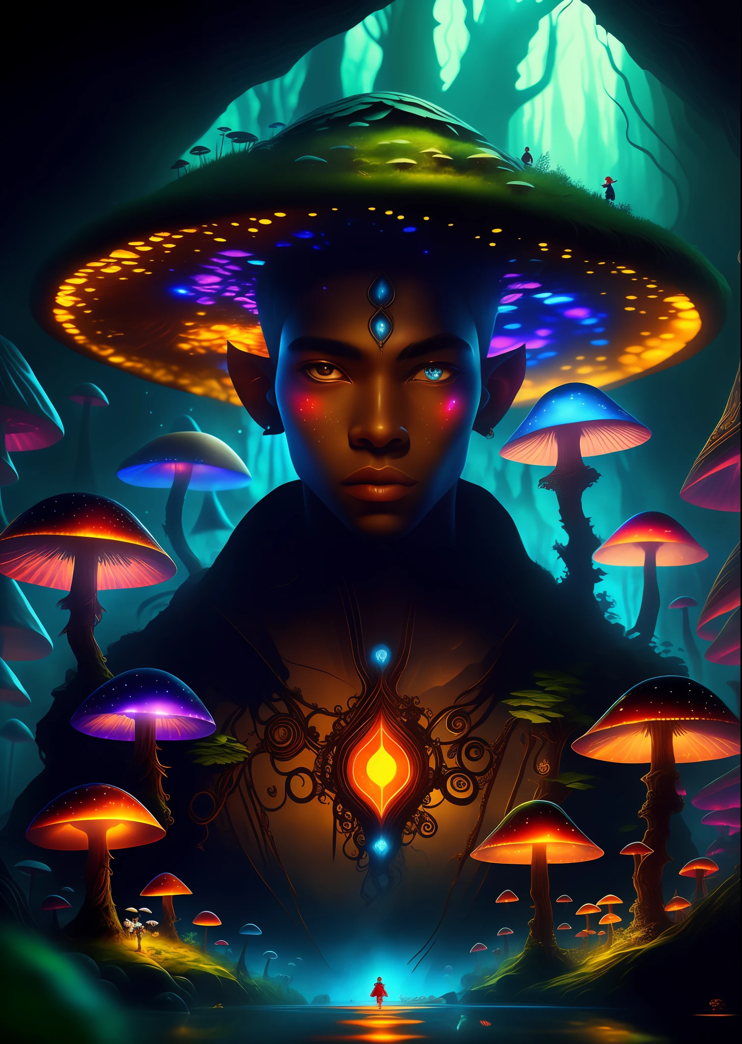 (masterpiece:1.2, best quality), (real picture, locate details, depth of field), (1boy, perfect body), skindentation, cleavage, (blackskin), realistic, high detail, perfect face shape, dynamic angle, jewelry, ( top view), white hair, (red eyes), nether elf armor, fantasy, complex background, underground elf city, big glowing mushroom forest, colorful, underworld, inside cave, colorful
