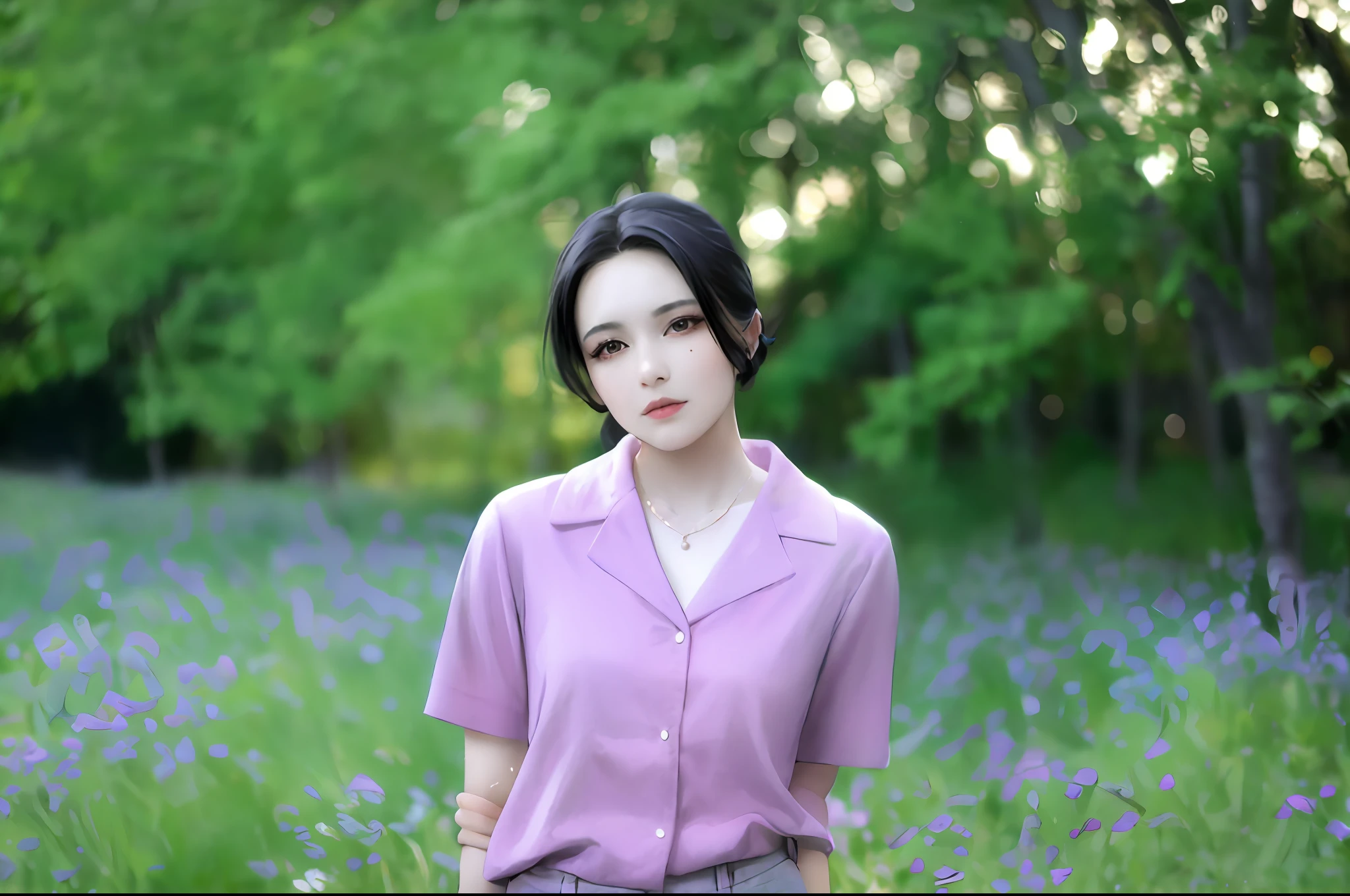 [Monochrome: Pastel Colors: 0.6] Themes, (Masterpiece), (Best Quality), (Details), Light Layers, Shiny Skin, (Complicated Details, Taut Clothes, Hair Accessories: 1.2), from View from above, black hair, black choker, long hair, hime cut, blunt bangs, side hair, red eyes, stick in hand, (mature female: 1.1), [uncensored, NSFW,, (lactation), ponytail BREAK (simple background: 1.1),