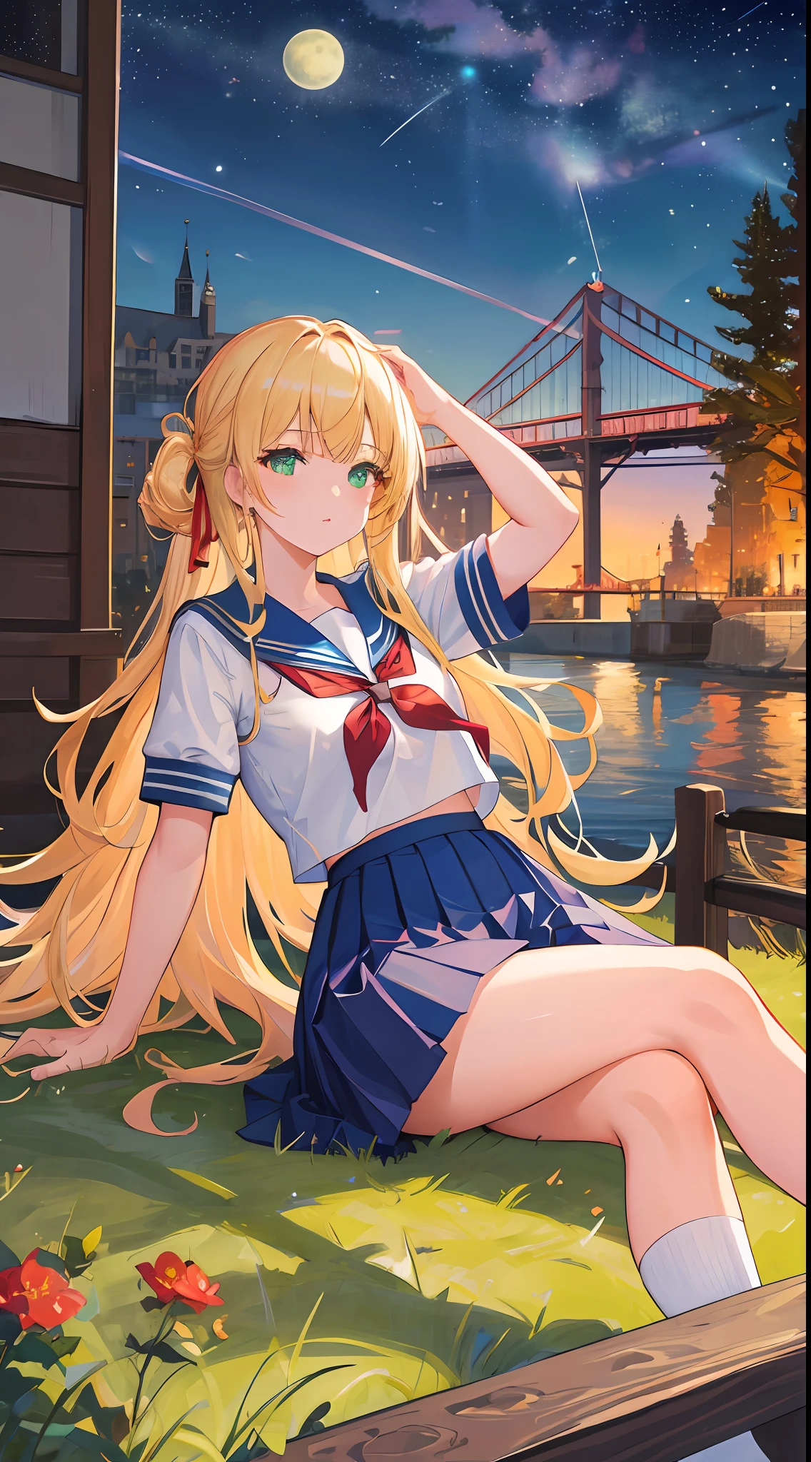 ((masterpiece, best quality, high resolution, super resolution, super detailed, ultra detailed, rich background)), 1girl, solo, green eyes, blonde long hair tied with blue ribbon, blunt bangs, cute hairpin, lying on ground, school uniform, white serafuku, red sailor collar, short sleeves, blue pleated skirt,(outdoor), beside river, bridge and river behind, city scenery behind, scenery, nighttime, dark, lowlight, moon, moonlight, dynamic light, shooting star
