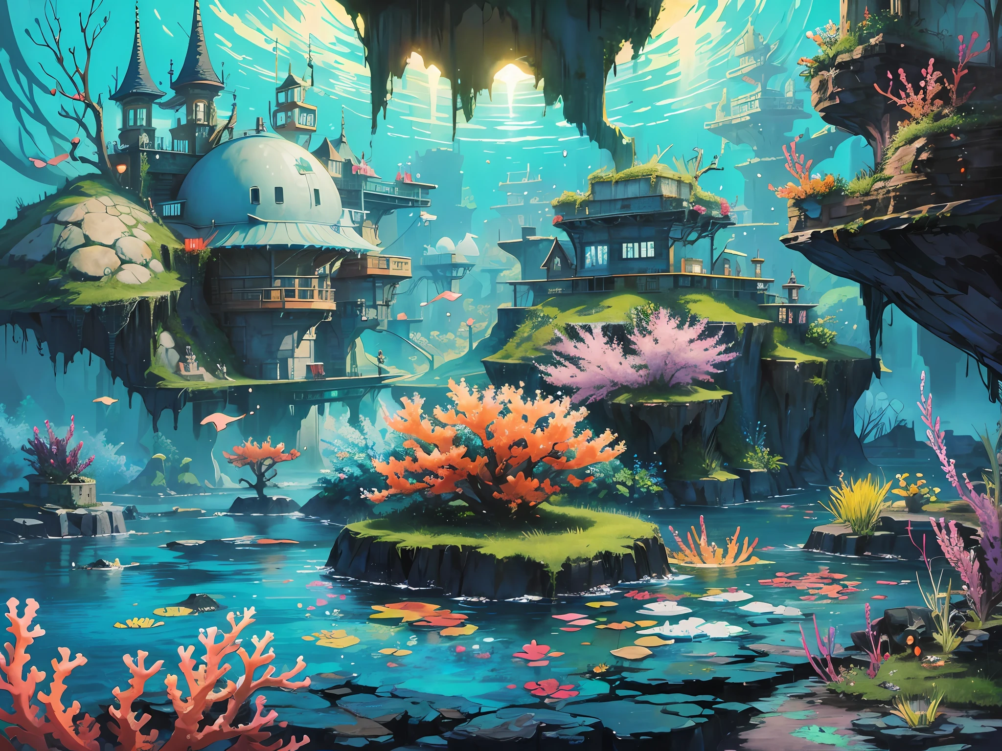 Color (Fantasy: 1.2), (Hayao Miyazaki style), (irregular building floating under the sea), patchwork cottages, Moss decorations, coral, lights, concept art inspired by Andreas Rocha, Artstation contest winner, Fantasy art, (underwater city), ross tran, light shafts, realistic lighting, masterpiece, high quality, beautiful graphics, high detail, masterpiece, high quality, beautiful graphics, high detail, --v6