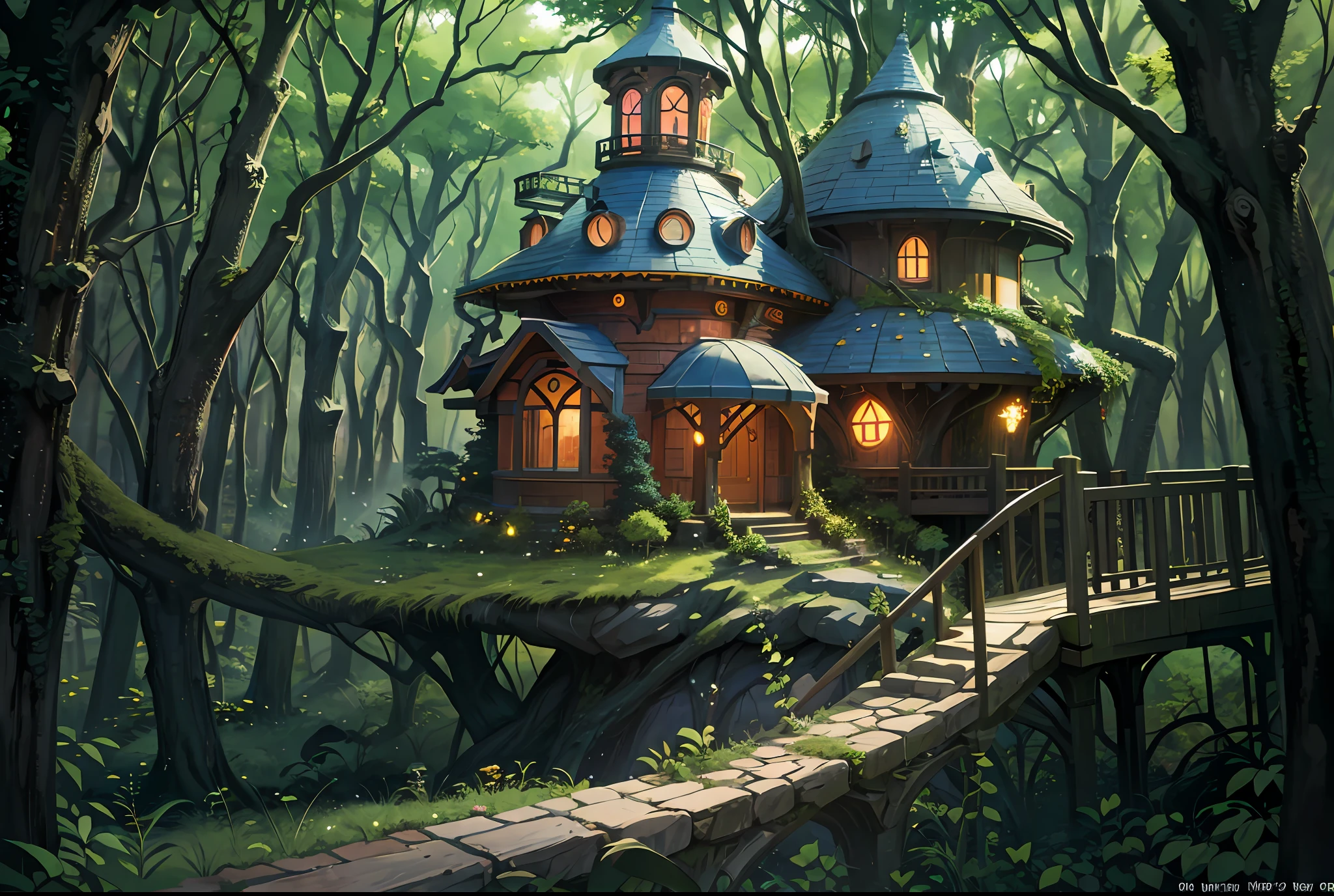 Fairy tree house covered in vegetation, forest, fantasy, full of wonder and magic, curved Bridges, stained glass Windows, dramatic, ((abstract)), high octane 8k render, super detailed, realistic, super realistic, high quality, best, super Detail, crazy detail, very detailed, photorealistic, epic composition, best quality, 32k --v 6
