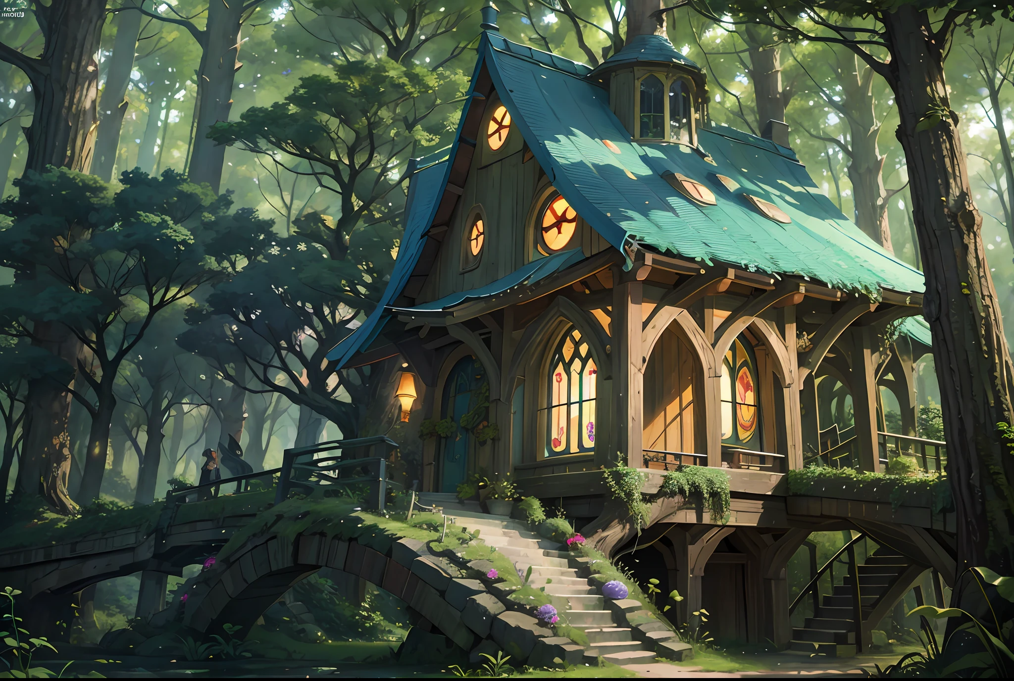 Fairy tree house covered in vegetation, forest, fantasy, full of wonder and magic, curved Bridges, stained glass Windows, dramatic, ((abstract)), high octane 8k render, super detailed, realistic, super realistic, high quality, best, super Detail, crazy detail, very detailed, photorealistic, epic composition, best quality, 32k --v 6