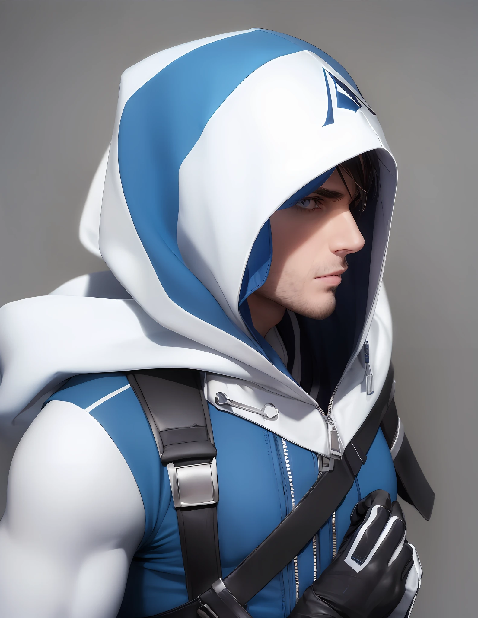 handsome male, blue clothing, upper body, assassin creed style, white hood