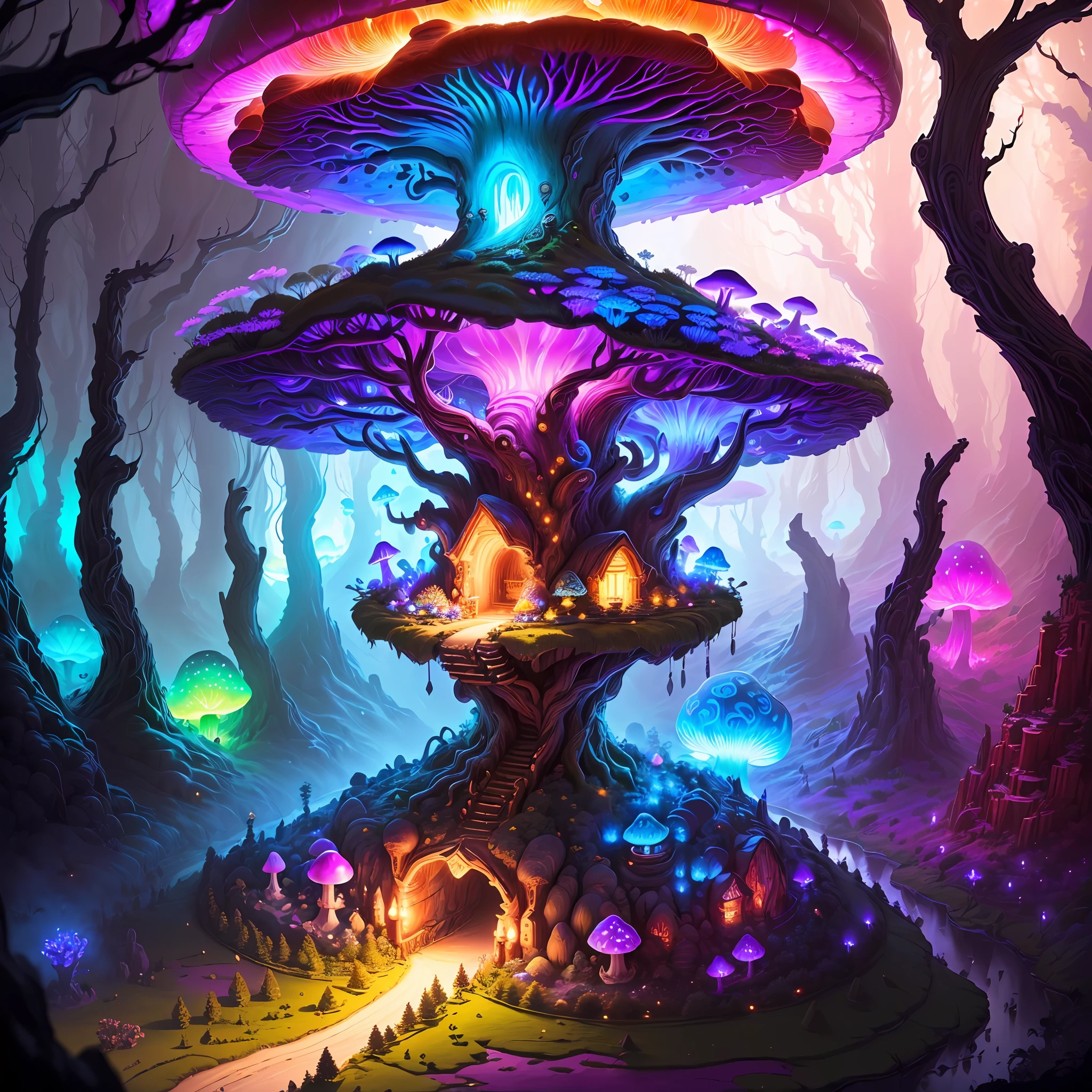 (masterpiece: 1.2, best quality), (intricate details, depth of field), fantasy, intricate background, underground elf city, big glowing mushroom forest, colorful, underground world, inside the cave, colorful, 8k, vibrant colors, devinart , trending on artstation