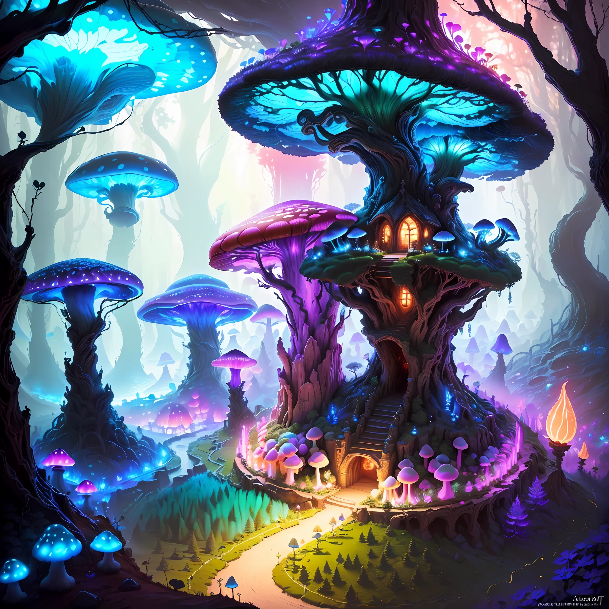 (masterpiece: 1.2, best quality), (intricate details, depth of field), fantasy, intricate background, underground elf city, big glowing mushroom forest, colorful, underground world, inside the cave, colorful, 8k, vibrant colors, devinart , trending on artstation --v 6