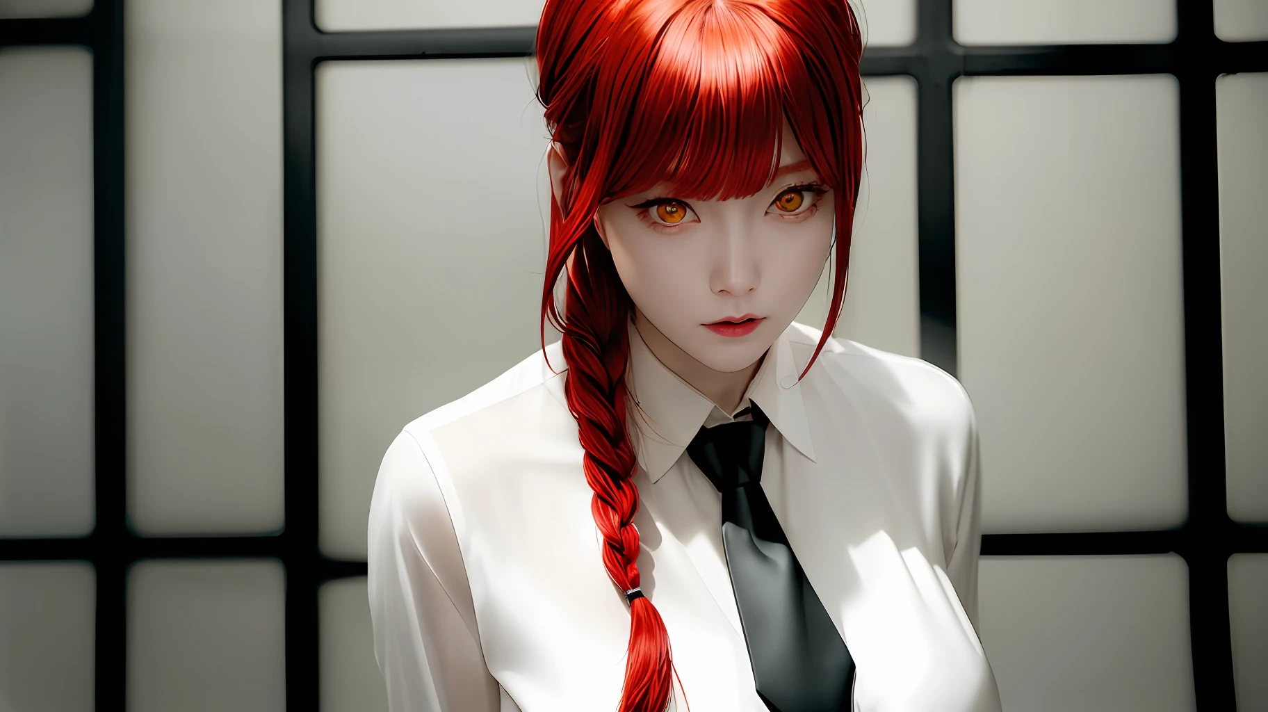 masterpiece, (photorealistic:1.4), best quality, beautiful lighting,
(ulzzang-6500:0.5), makima \(chainsaw man\), (red hair)+(long braided hair)+(bangs), yellow eyes, golden eyes, ((ringed eyes)), (white shirt), (necktie),
RAW photo, 8k uhd, film grain