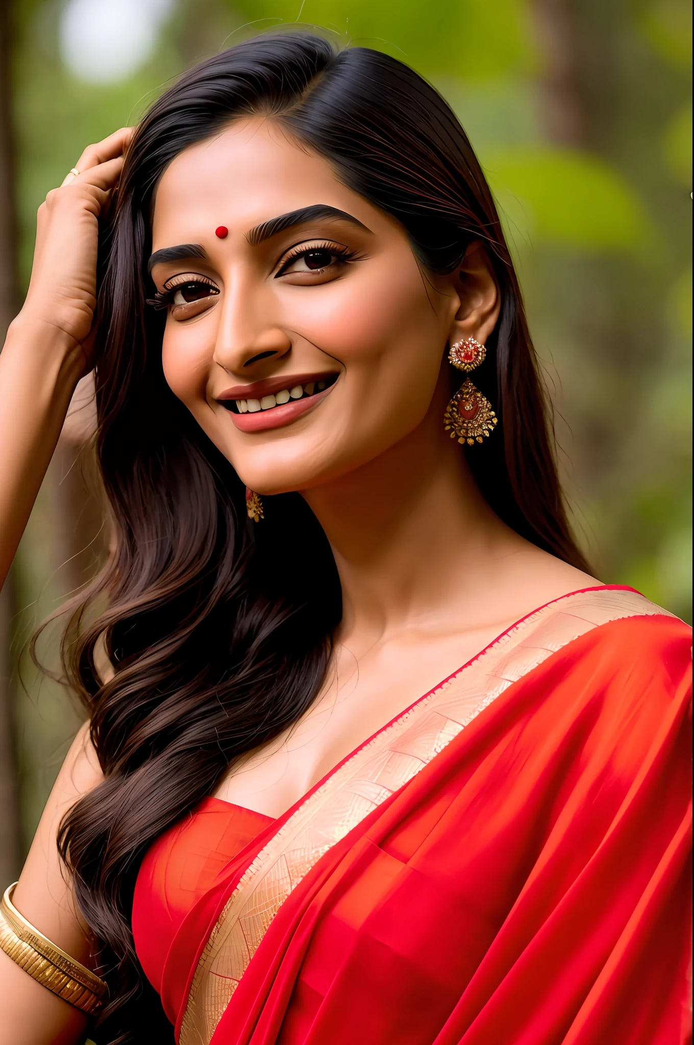 Sonam kapoor in a red sari, ,RAW photo, a close up portrait photo of a pretty girl, smiling,red sari, (lust), slim body, (forest background), (high detailed skin:1.2), 8k uhd, dslr, soft lighting, high quality, film grain, Fujifilm XT3, holding a, nsfw