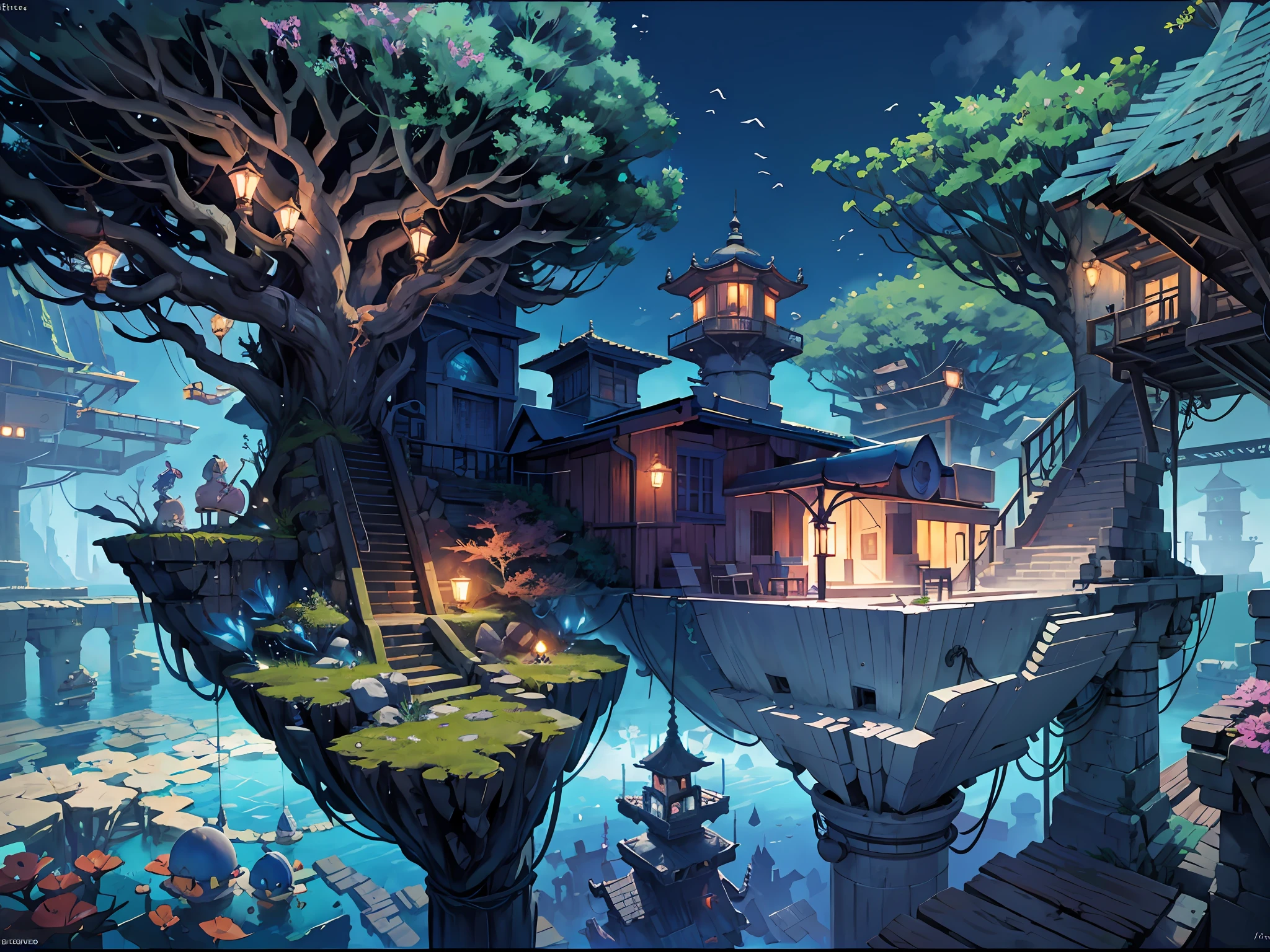 Color (Fantasy: 1.2), (Hayao Miyazaki style), (irregular building floating under the sea), patchwork cottages, Moss decorations, coral, lights, concept art inspired by Andreas Rocha, Artstation contest winner, Fantasy art, (underwater city), ross tran, light shafts, realistic lighting, masterpiece, high quality, beautiful graphics, high detail, masterpiece, high quality, beautiful graphics, high detail, --v6