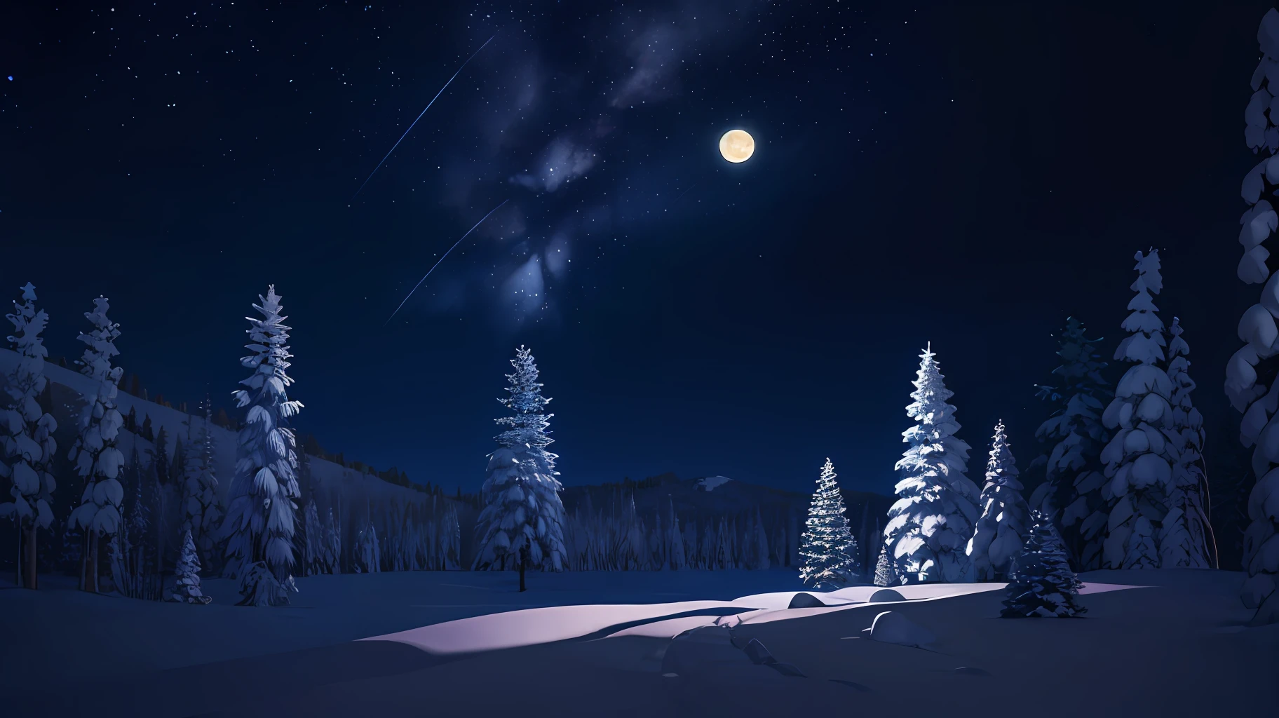 Snowy night scene with full moon and shooting stars, winter night, large coniferous forest, microscopic view, insect view, low angle, foreground cave, moonlight snow, winter scene fantasy, snowy winter christmas night, film art, cinematic shot sense , wide angle, world of insects, snowy night, christmas night, moonlight snow, 4k highly detailed digital art, background artwork, 🌲🌌, dreamy atmosphere of moon night, winter concept art, in the still night sky Next, Aleksander Gierymski