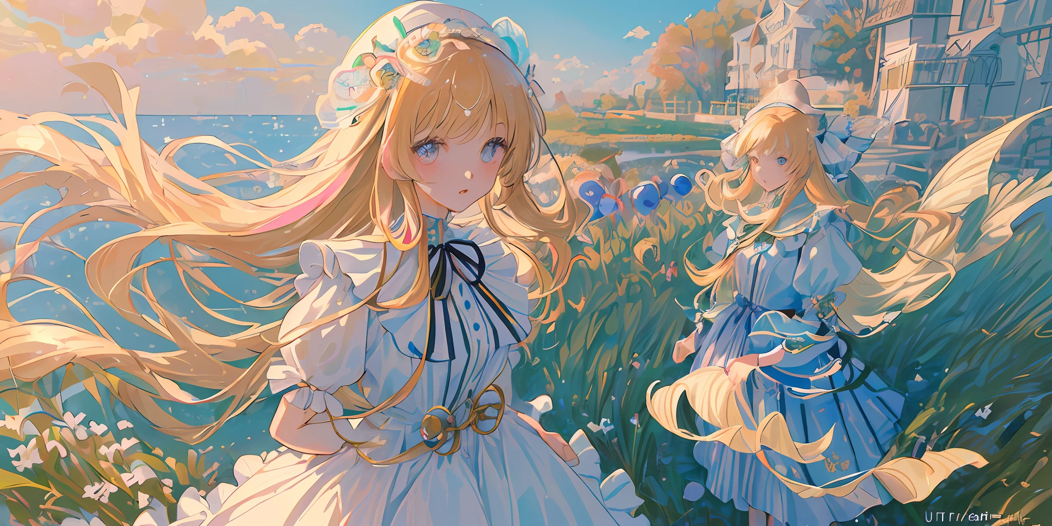 (masterpiece), (best quality), (ultra detailed),(random hair),(illustration), (2girl), (Fashionable clothing), standing, manga style,looking at viewer, (interview), (simple background), beautiful detailed eyes, exquisite beauty, Floating, (high saturation), (colorful splashs), colorful bubble, (shining), --V6