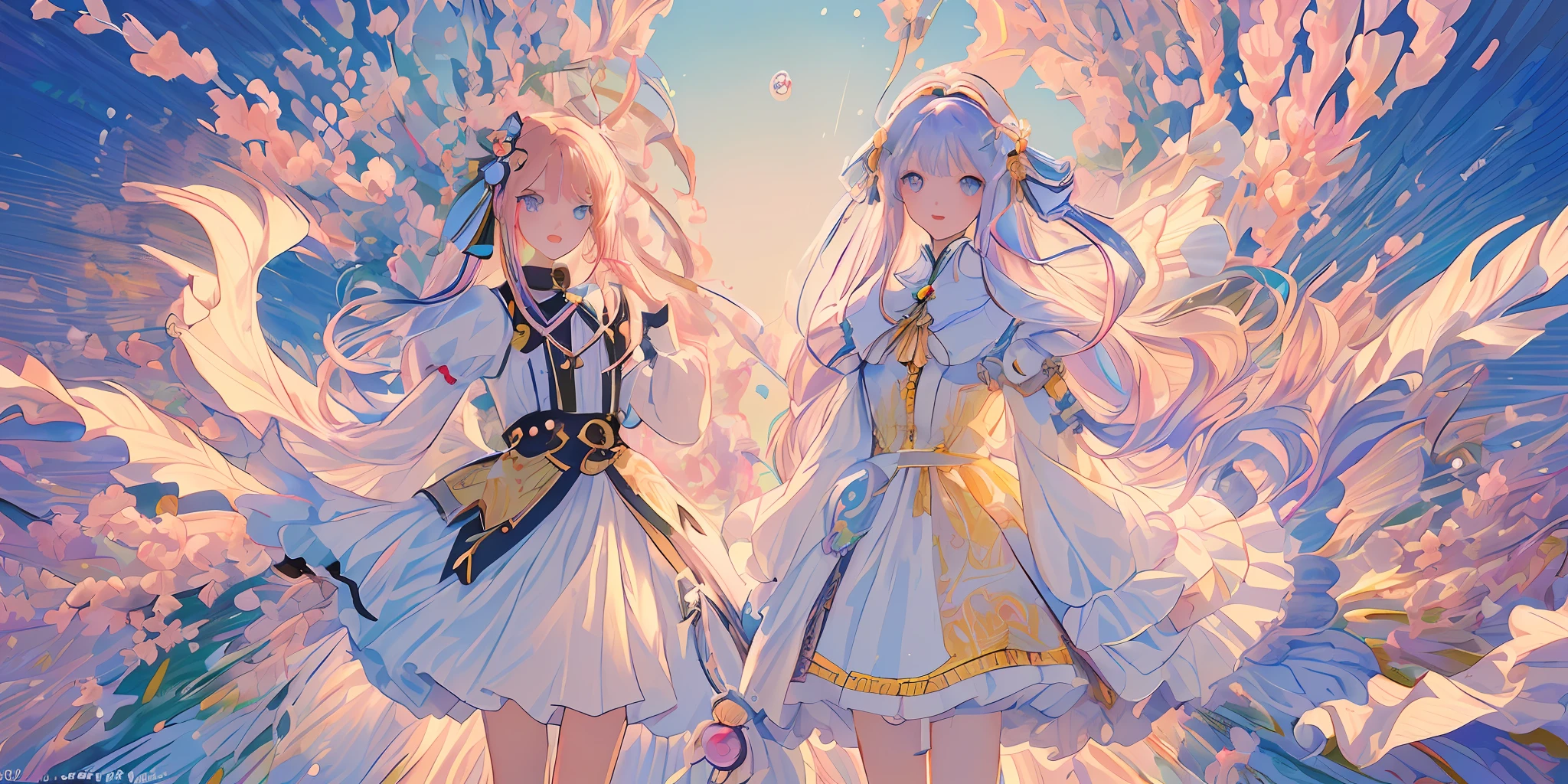 (masterpiece), (best quality), (ultra detailed),(random hair),(illustration), (2girl), (Fashionable clothing), standing, manga style,looking at viewer, (interview), (simple background), beautiful detailed eyes, exquisite beauty, Floating, (high saturation), (colorful splashs), colorful bubble, (shining), --V6
