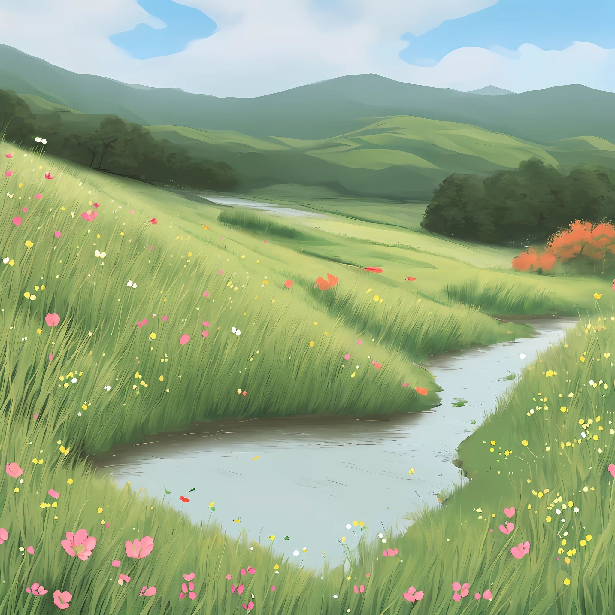 Grass hill with a stream and flowers in the middle, flower hill background with a green gift box with a bow, fanart, surprise, 9k, holidays, 8k, fanbox, 6k, gift, promo art, images available, gifts, avatar pictures, , illusstartion, looks realistic, festive, hand drawn summer, bright