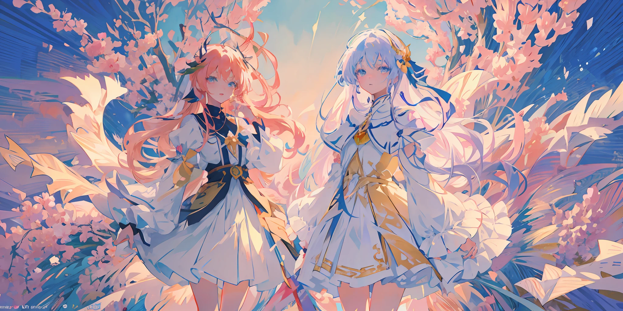 anime anime girls in white dresses standing in front of a blue sky, anime fantasy illustration, beautiful fantasy anime, anime style 4 k, trending on artstation pixiv, two beautiful anime girls, beautiful anime artwork, beautiful anime art, anime fantasy artwork, anime art wallpaper 4 k, anime art wallpaper 4k, ethereal anime, digital art on pixiv