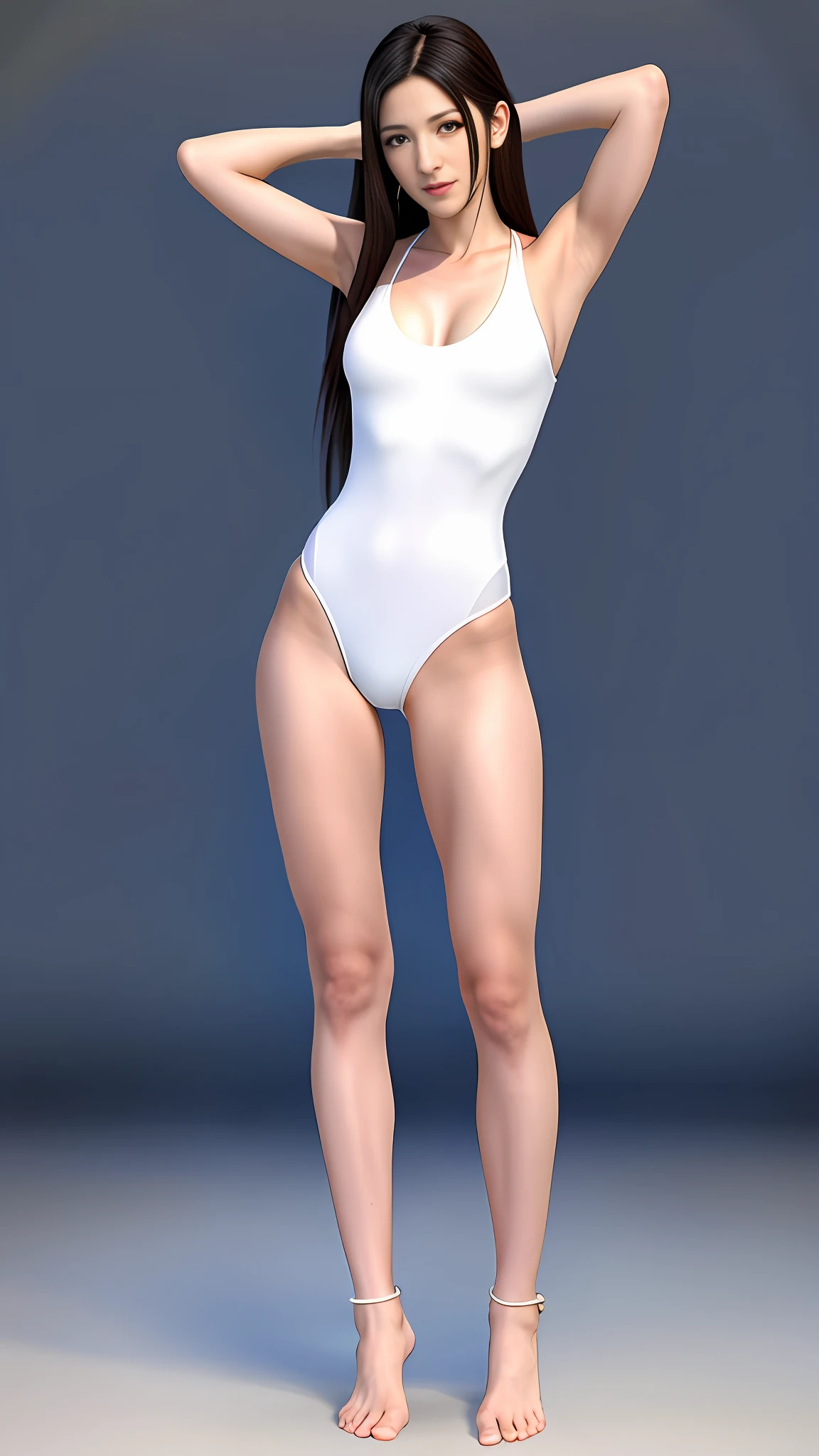 Ray tracing, complex 3d rendering, 8k, raw photo, tifa (tifa, 26 years old beautiful girl, detailed face, tifa, final fantasy 7), perfect female body, wearing tifa clothes, model standing, long hair , full body, white background, bare legs, (bare feet: 1.9), (arms above head: 1.9), looking up, , ru_qun