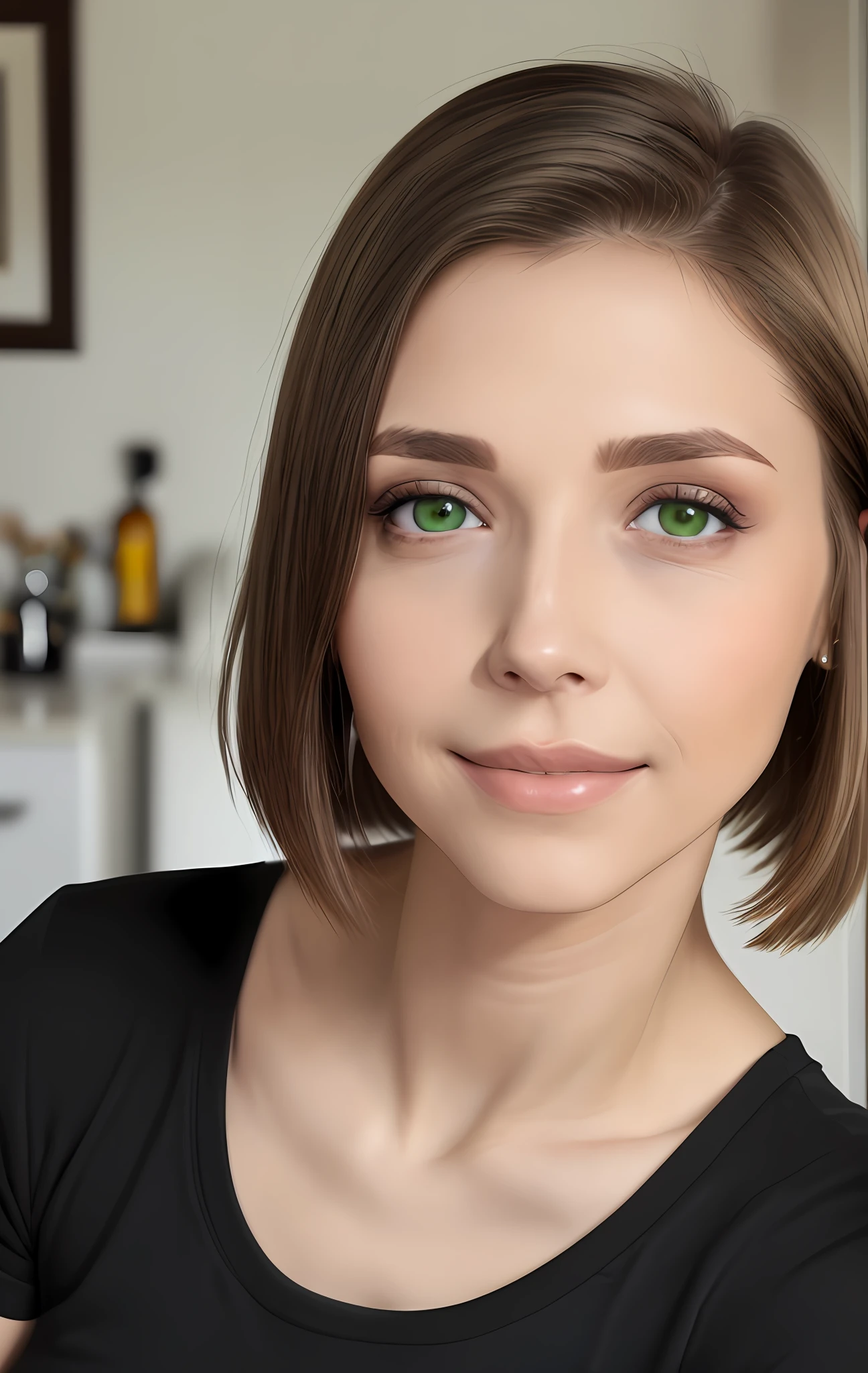 8k uhd, photorealistic, super detailed, very detailed face, detailed skin, looking on me, short brown bob, at home, (black T-shirt with wide neck), solo, expressive look, subtle smile, mistress, upper body, natural beauty, portrait, (25 years old woman), neck, in kitchen, (sexy makeup:0.7), black eyeshadows, breast size C, comfort, (thin lips:1.5), green eyes, narrow lips