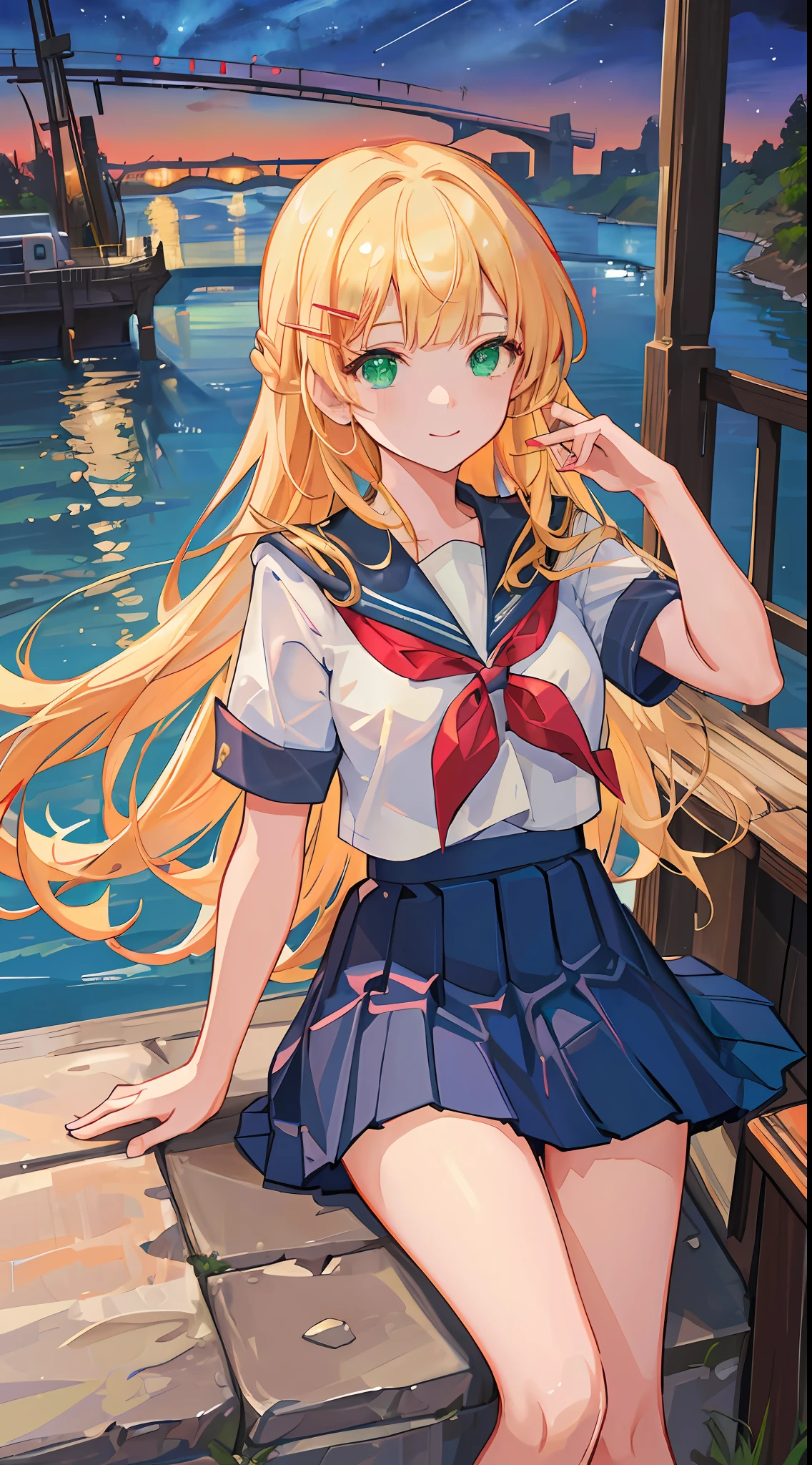 ((masterpiece, best quality, high resolution, super resolution, super detailed, ultra detailed, rich background)), 1girl, solo, green eyes, blonde long hair tied with blue ribbon, blunt bangs, cute hairpin, lying on ground, school uniform, serafuku, red sailor collar, short sleeves, blue pleated skirt,(outdoor), beside river, bridge and river behind, city scenery behind, scenery, nighttime, dark, lowlight, moon, moonlight, dynamic light, shooting star