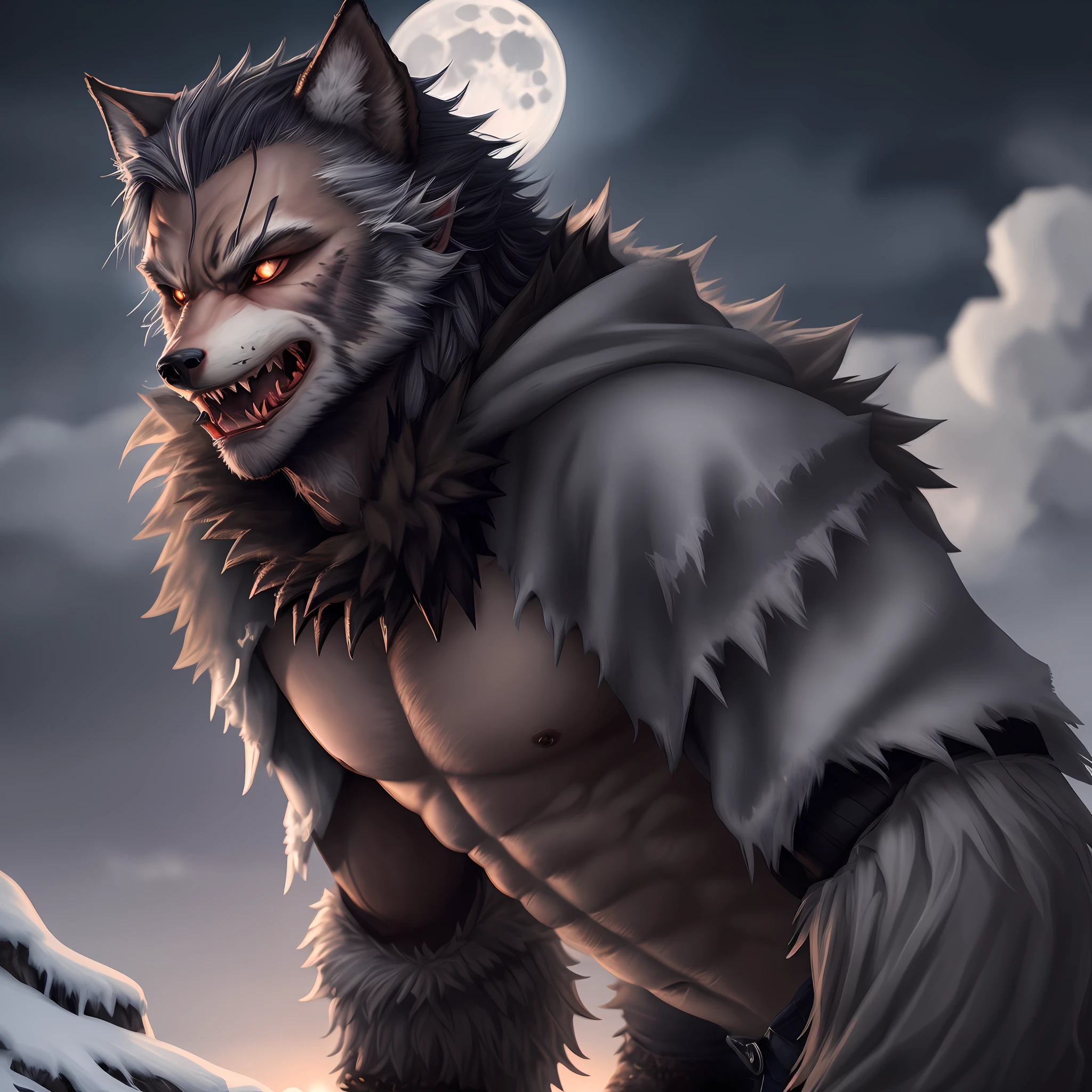photorealistic werewolf growling cold breeze in a freezing night with moon on the background, 4k