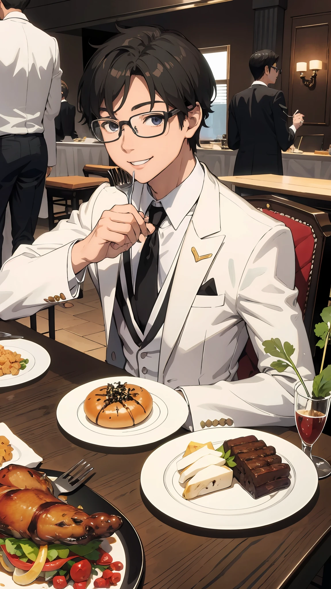 8K, super clear, boy with black glasses sits at the table and smiles with a fork in hand, the prince smiles, a plate of food on the table, he is about , ((masterpiece:1.2, best quality)), 4k, 1man, adult , Mature, Handsome, Very Short Hair, Forehead, White Suit, Portrait, Very Detailed Face, (Muscle: 1.4, Broad Shoulders: 1.4, Regular Body)