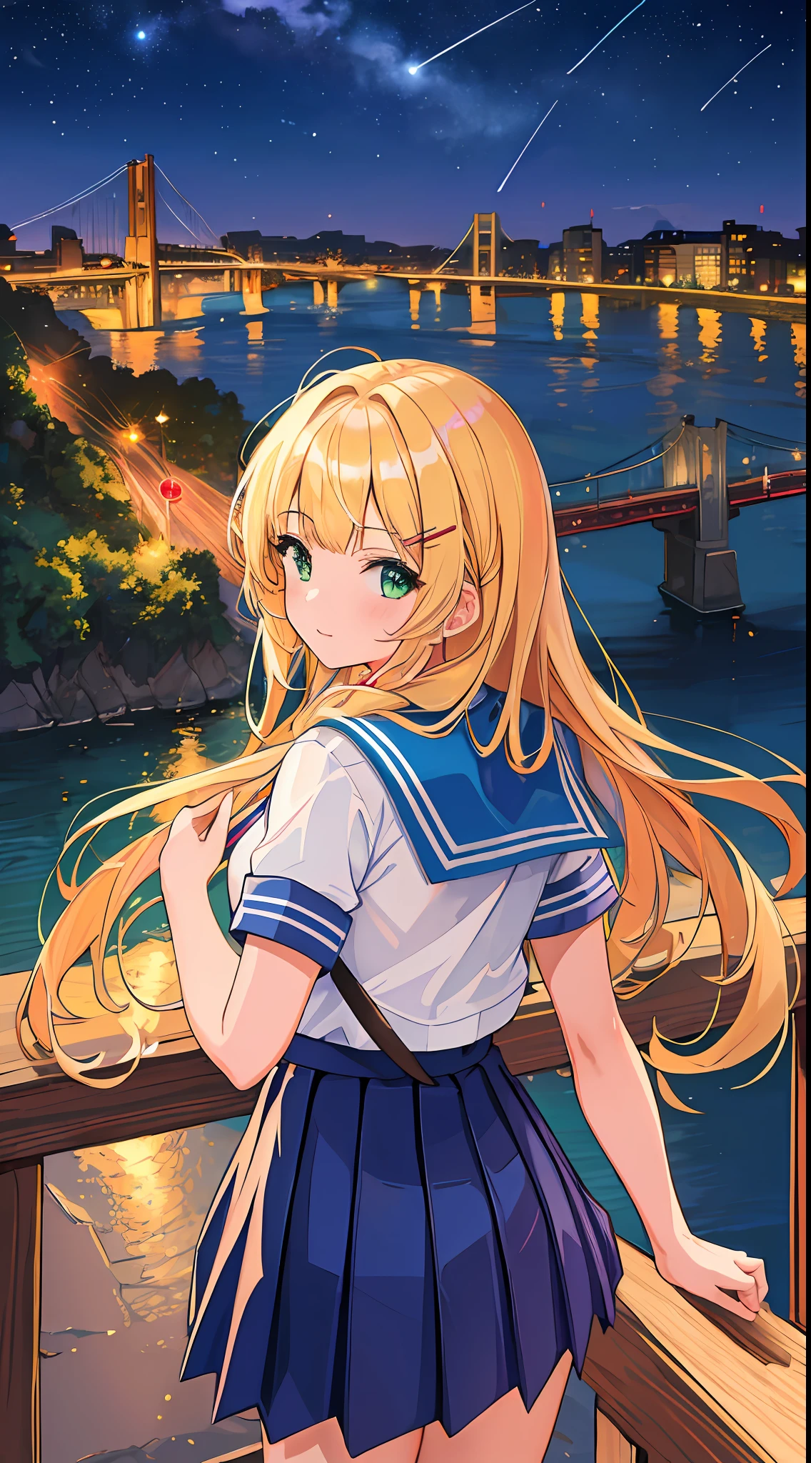 ((masterpiece, best quality, high resolution, super resolution, super detailed, ultra detailed, rich background)), 1girl, solo, green eyes, blonde long hair tied with blue ribbon, blunt bangs, cute hairpin, lying on ground, school uniform, serafuku, red sailor collar, short sleeves, blue pleated skirt,(outdoor), beside river, bridge and river behind, city scenery behind, scenery, nighttime, dark, lowlight, moon, moonlight, dynamic light, shooting star