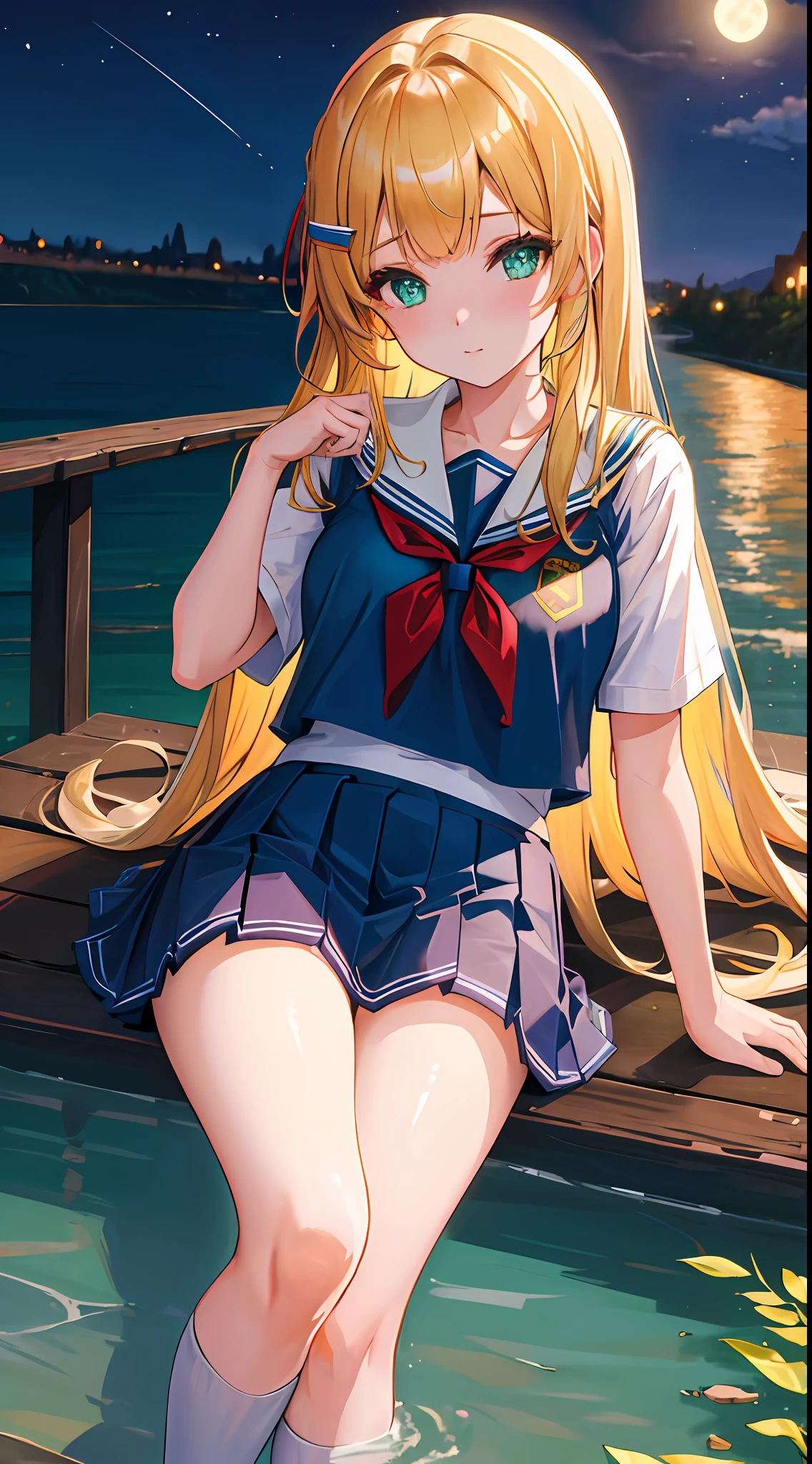 ((masterpiece, best quality, high resolution, super resolution, super detailed, ultra detailed, rich background)), 1girl, solo, green eyes, blonde long hair tied with blue ribbon, blunt bangs, cute hairpin, lying on ground, school uniform, serafuku, red sailor collar, short sleeves, blue pleated skirt,(outdoor), beside river, bridge and river behind, city scenery behind, scenery, nighttime, dark, lowlight, moon, moonlight, dynamic light, shooting star