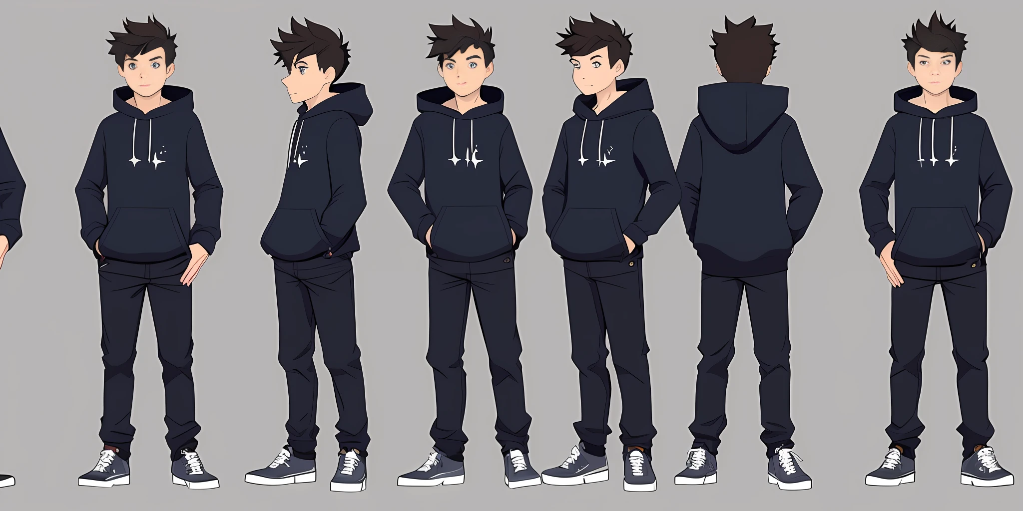 sketches of a boy, wearing dark blue hoodie,black pant and white shoes, highlighted dark hair,high quality character design, character design art, childrens art in artstation, highly detailed character design, cartoon concept art, character design, professional character design, character design concept art, concept art design illustration, colored concept art, character concept artwork, stylized character design, [ character design ]