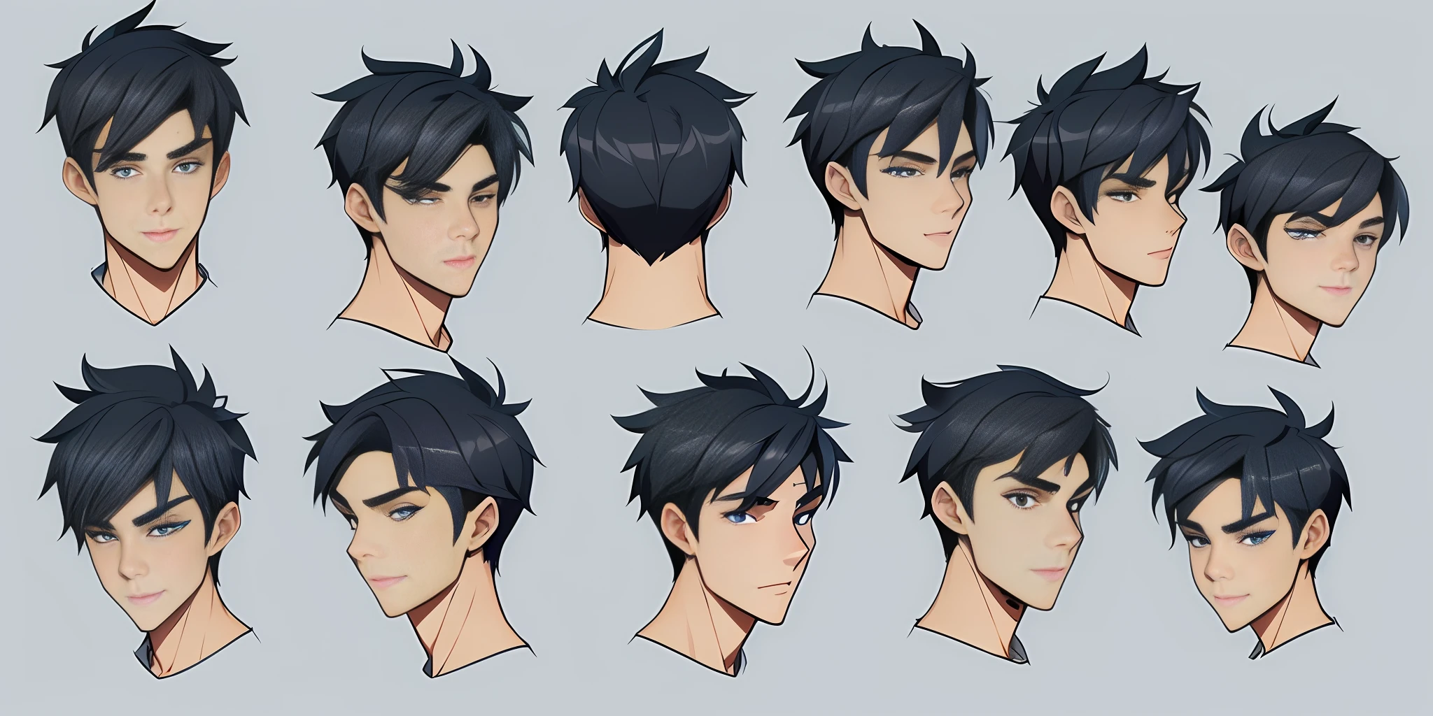 sketches of a 19 years old boy head , highlighted black  hair, detailed blue eyes, high quality character design, character design art, childrens art in artstation, highly detailed character design, cartoon concept art, character design, professional character design, character design concept art, concept art design illustration, colored concept art, character concept artwork, stylized character design, [ character design ]
