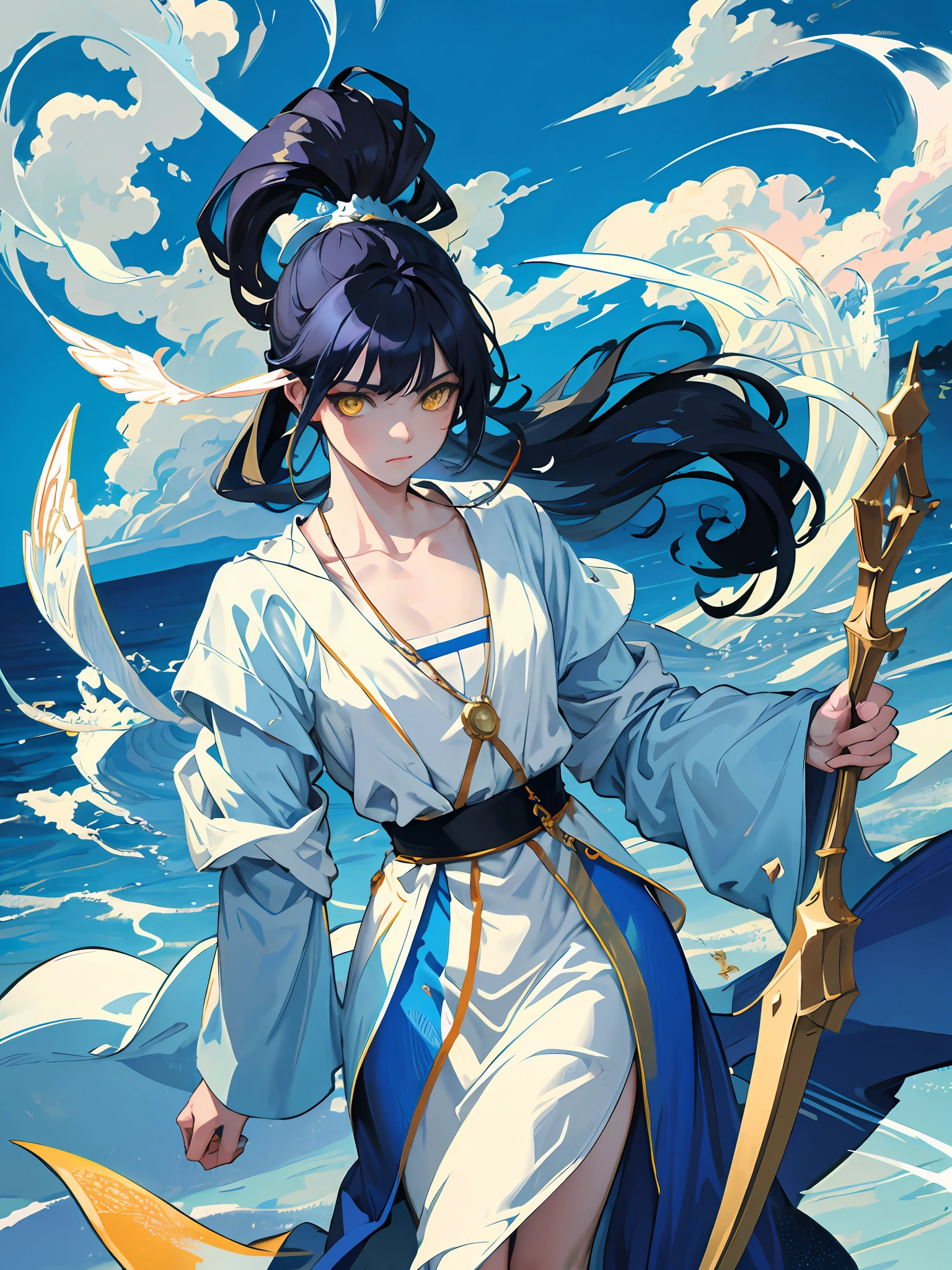 (Art work with a strong topic), excellent image quality, low resolution no!, too abstract no!, color beauty, single male character, yellow eyes, ponytail with light blue rough hair, beautiful face, blue high priest clothes, various postures, Wide shot, twilight, (mist/cloud) effect, artistic dark scene. Expressionless, master of water, boy