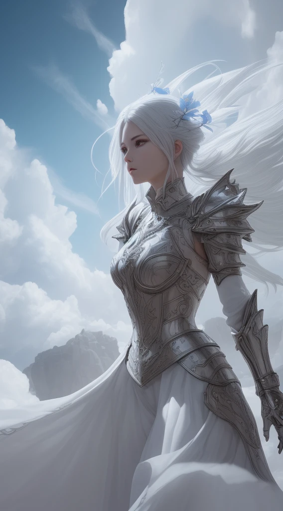 (extremely detailed Unreal Engine 8K wallpaper, epic armor, masterpiece), best quality, floating, 

[(beautiful girl), white clothes, white hair, holding a flower,] 

(vertical shot, dynamic pose, blue sky, clouds, bright light,] 

[embedding tag: fantasy, epic, beautiful, detailed]