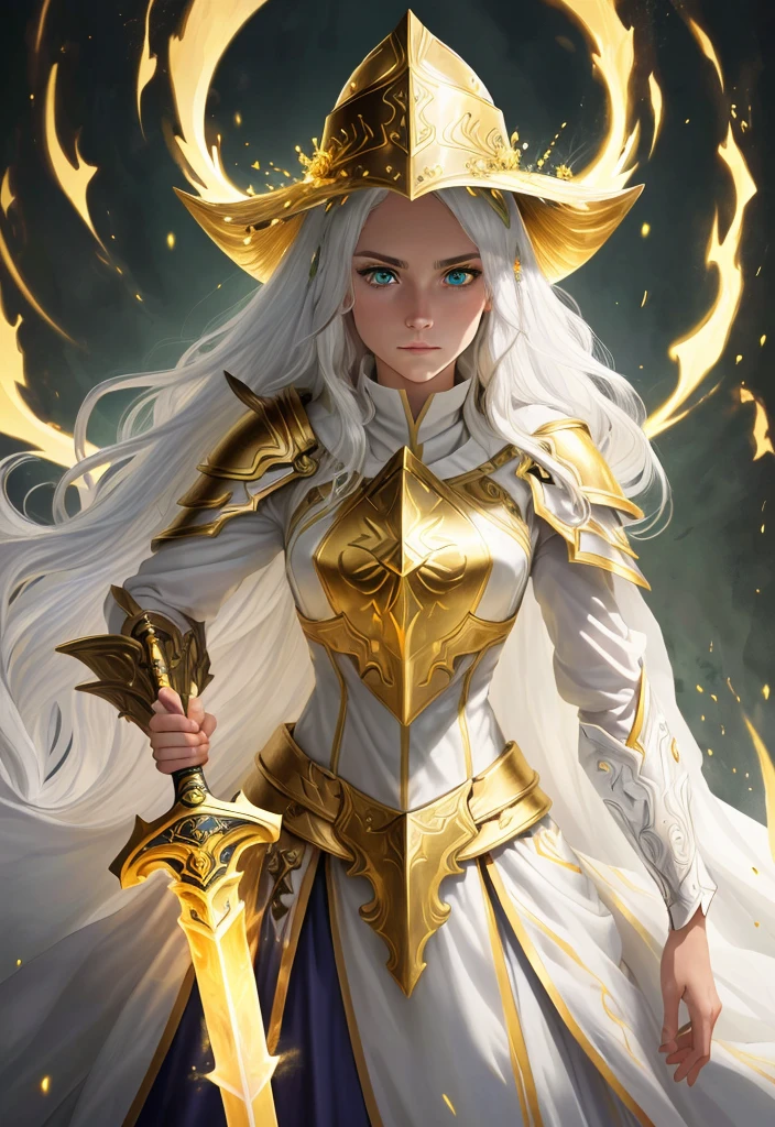 ((best quality)), ((highly detailed)), masterpiece, ((official art)), (detailed eyes, deep eyes, glowing eyes, green eyes), (1girl:1.33, solo), Paladin, paladin_glam, paladin armor, holding lightning, (holding a sword), (golden glow), (serious look), conical sedge hat, (white hair, beautiful hair, long hair), wearing shawl